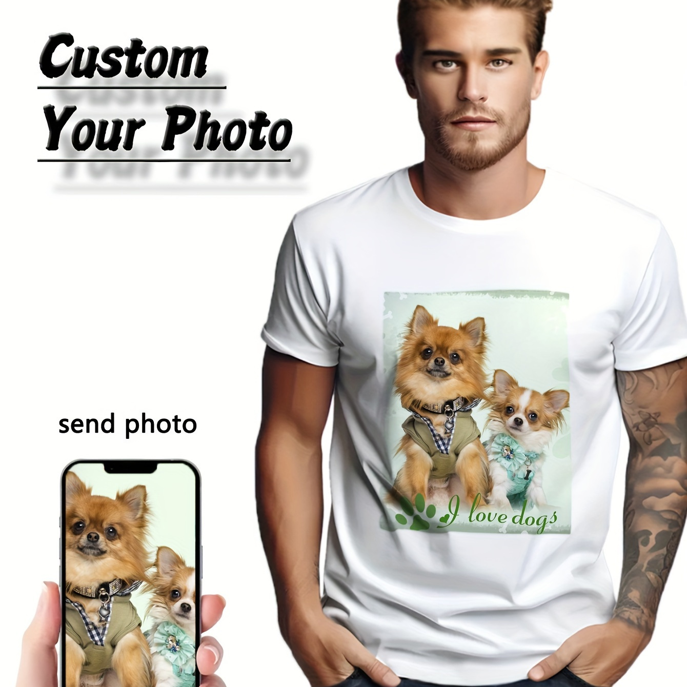 

1 Pcs Men's Custom T-shirt, Upload Your Pet's Photo, Show Your Moments, Diy Design Pattern Graphic Print T-shirt For Summer Outdoor, Stylish Short Sleeve Tees