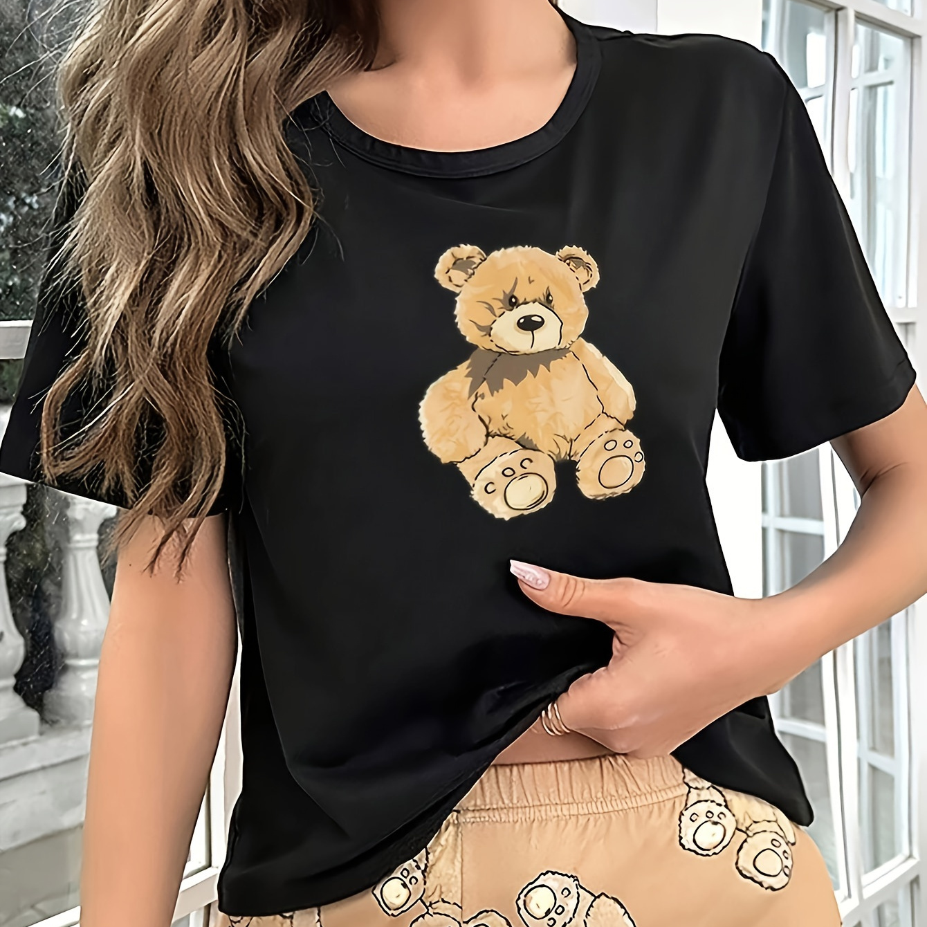 

Women's Cute Cartoon Bear Graphic T-shirt, Casual Short Sleeve Round Neck Tee, Relaxed Fit Top For Daily Wear
