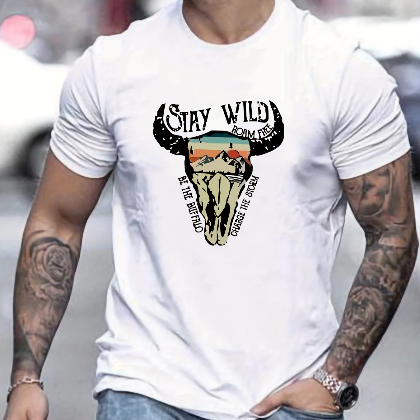 

Ox Skull & Letter Pattern Print Men's Comfy T-shirt, Graphic Tee Men's Summer Outdoor Clothes, Men's Clothing, Tops For Men