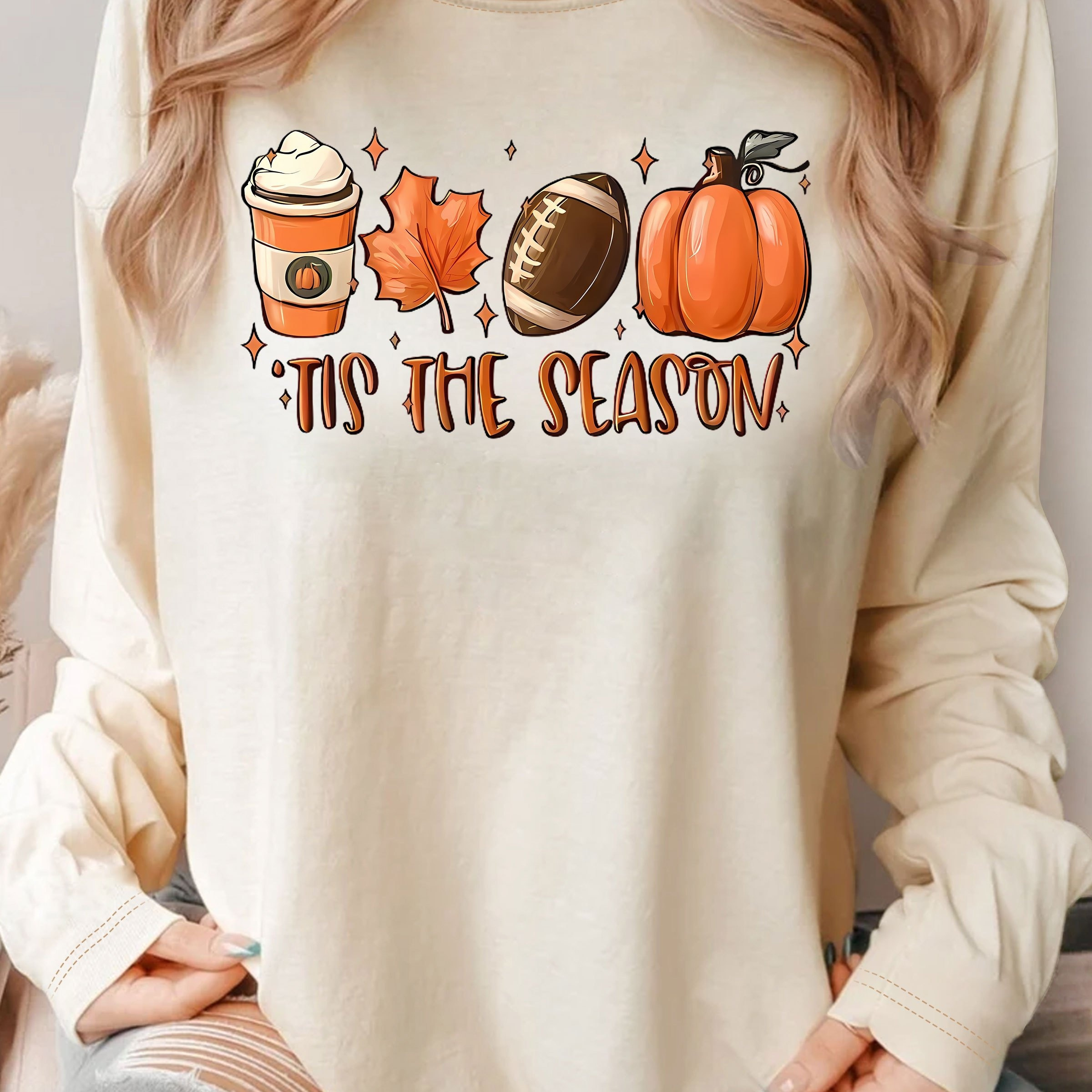 

Women's Plus Size Long Sleeve T-shirt - Casual Crew Neck Polyester Knit Top With Medium Stretch Featuring Fall Leaves, Pumpkin & "" Lettering Print For