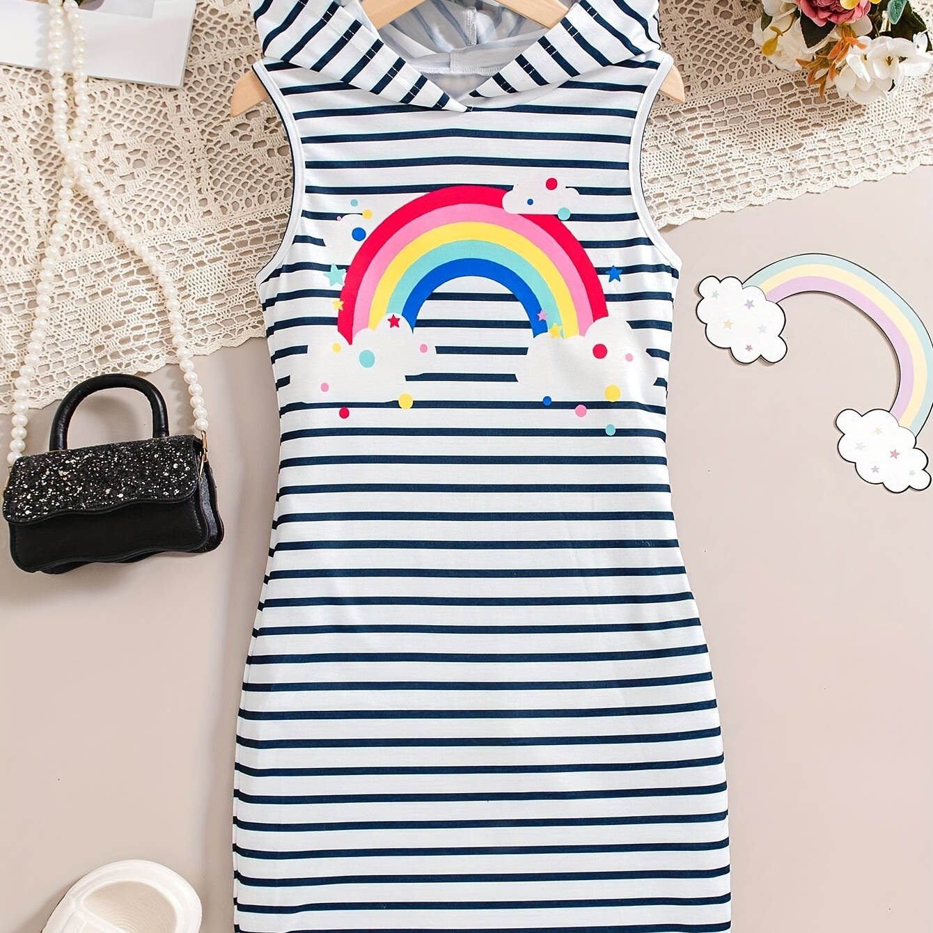 

Girls Rainbow Pattern Striped Sleeveless Hoodie Dress Straight & Slim Fit