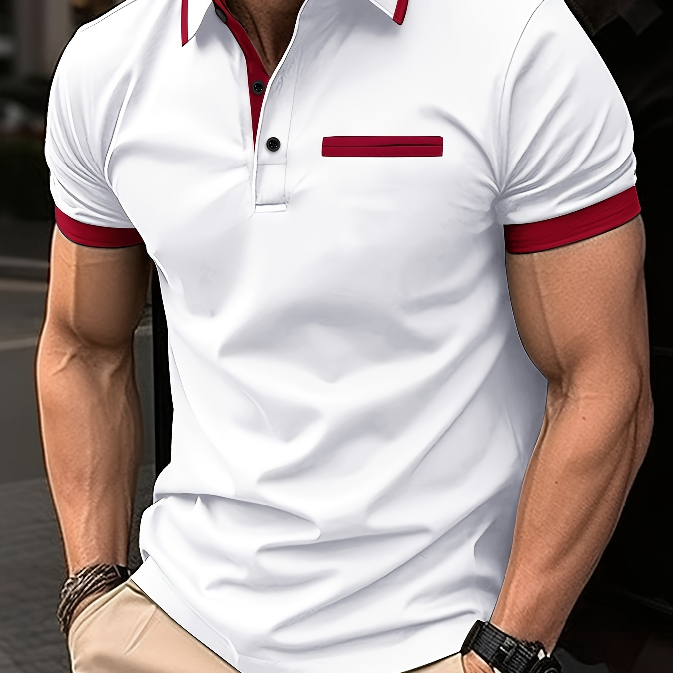

Color Block Men's Stylish Short Sleeve Lapel Shirt With Chest Pocket, Summer Golf