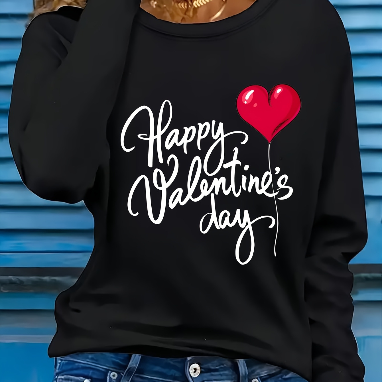 

1pc Happy Valentine's Day Long Sleeve T-shirt - Casual Round Neck Polyester Knit Top With Letter Print For All
