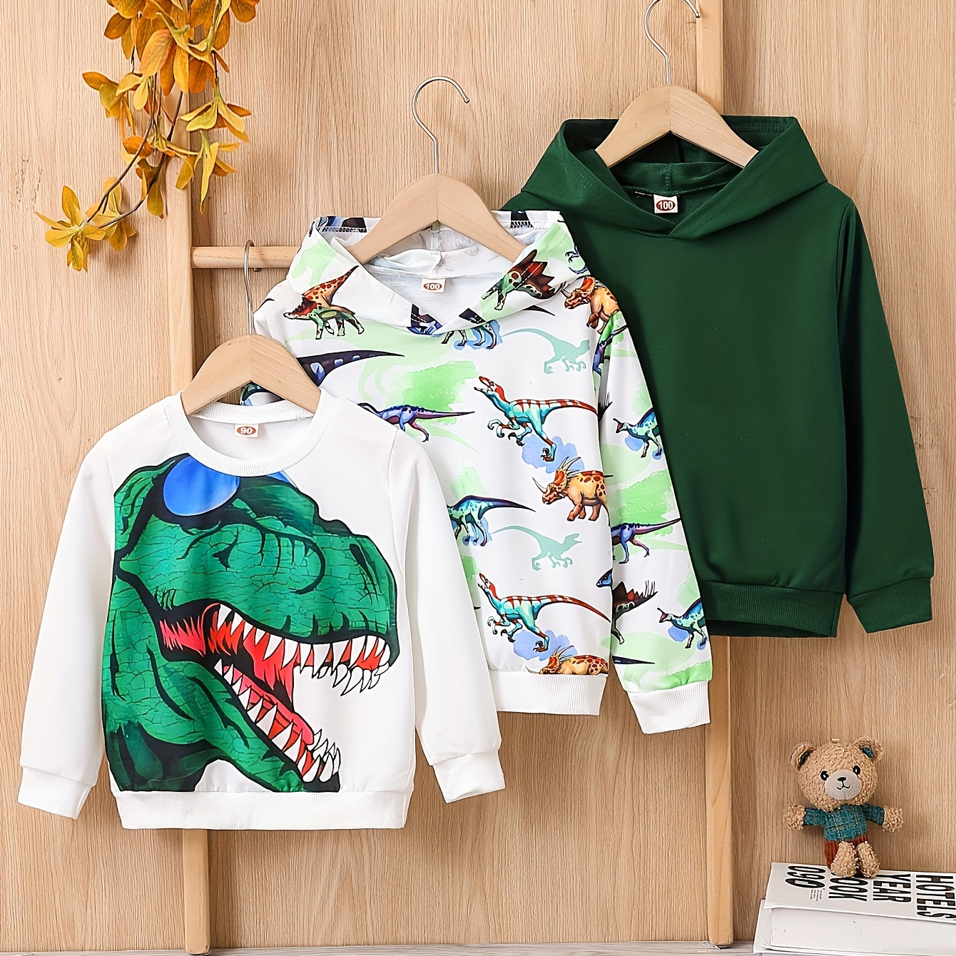 

3pcs Cool Dinosaur Print Sweatshirt And Hoodies For Boys - Casual With Stretch Fabric For Comfortable Spring/autumn Wear