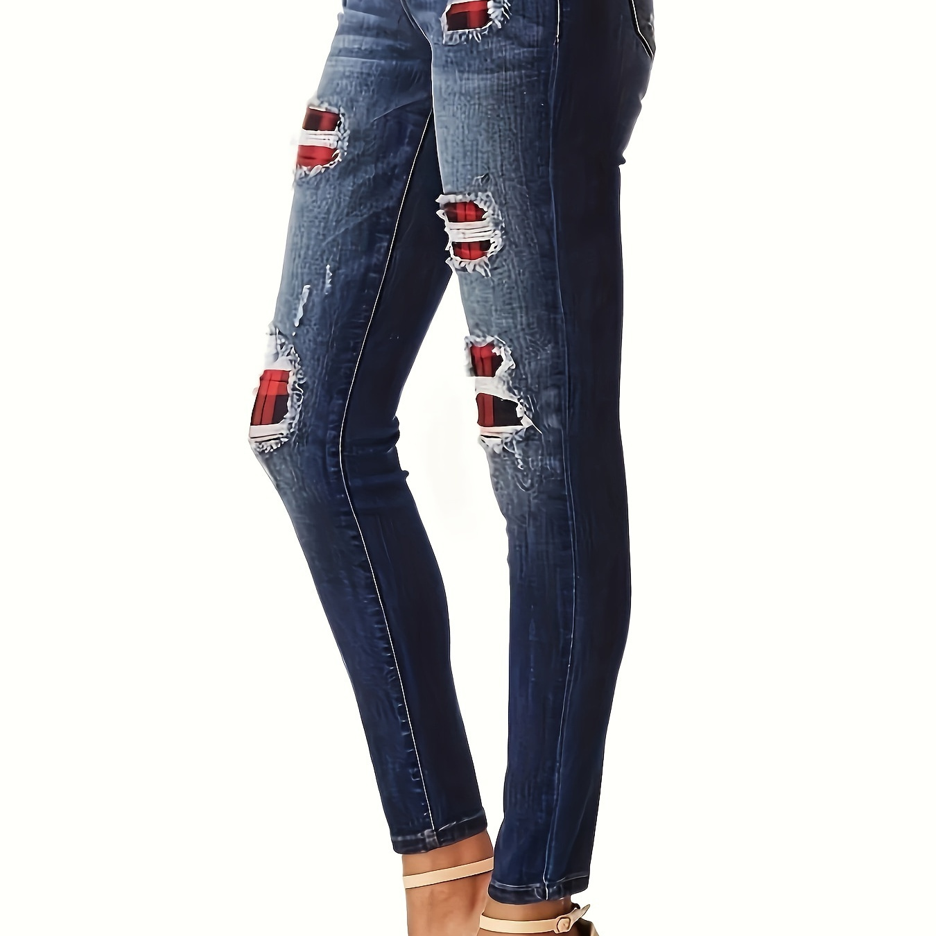 

Christmas Red Plaid Print Patchwork Ripped Skinny Jeans, High Stretch Whiskering Slash Pocket Denim Pants, Women's Denim Jeans & Clothing