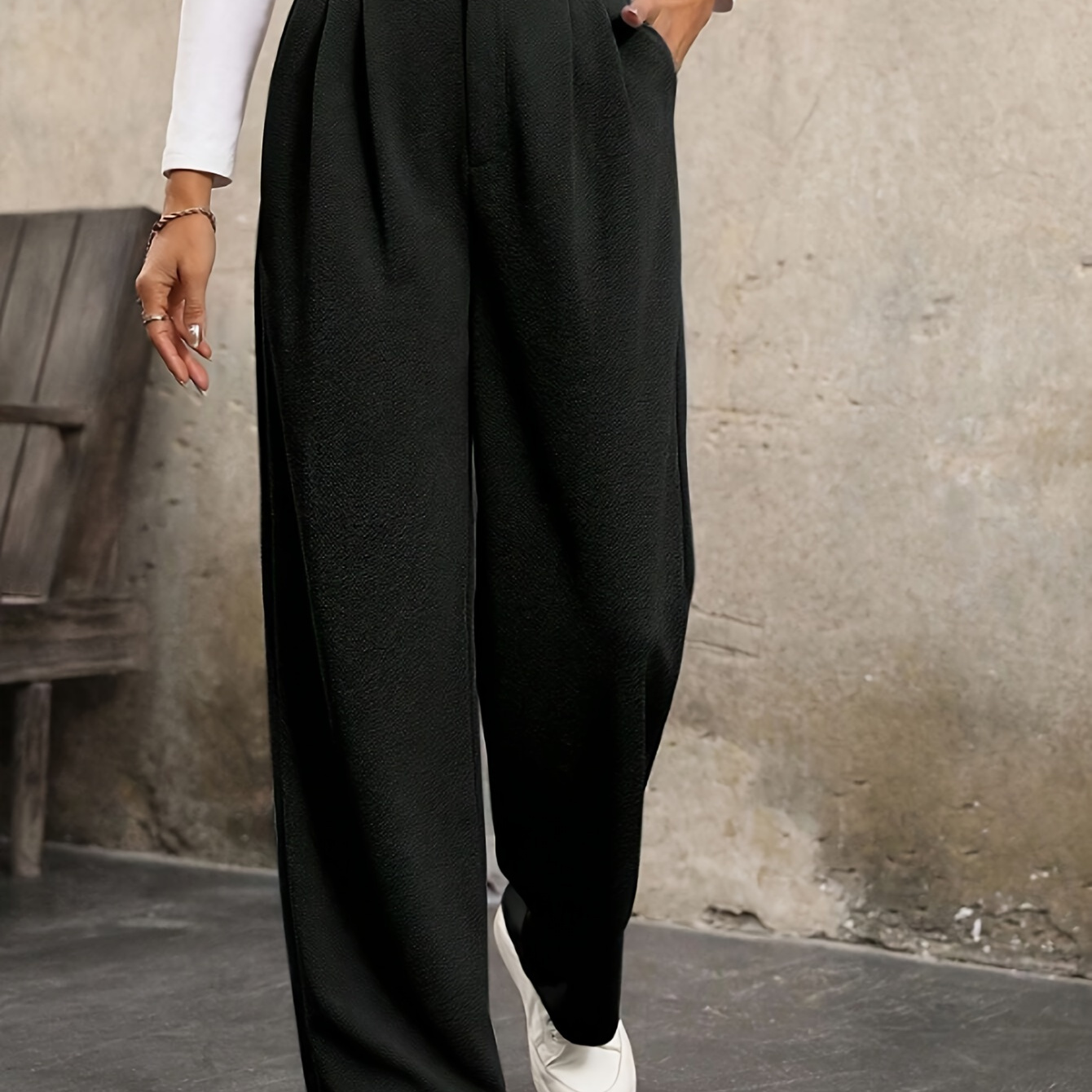 

Women's Elegant Wide Leg Pants With Button Detail - Solid Color Polyester Trousers (polyester 98%, Elastane 2%) - Woven High Waist Pants For Adults