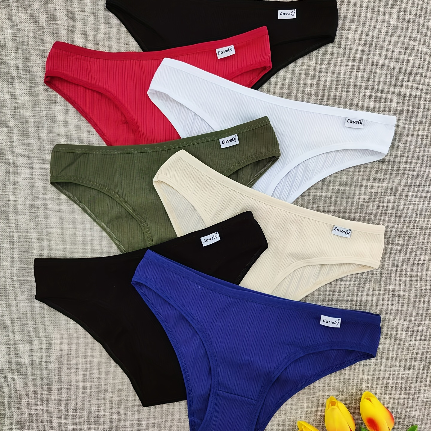 

7pcs Solid Ribbed Low Waist Briefs, Elegant & Comfy Cotton Intimate Panties, Women's Lingerie & Underwear