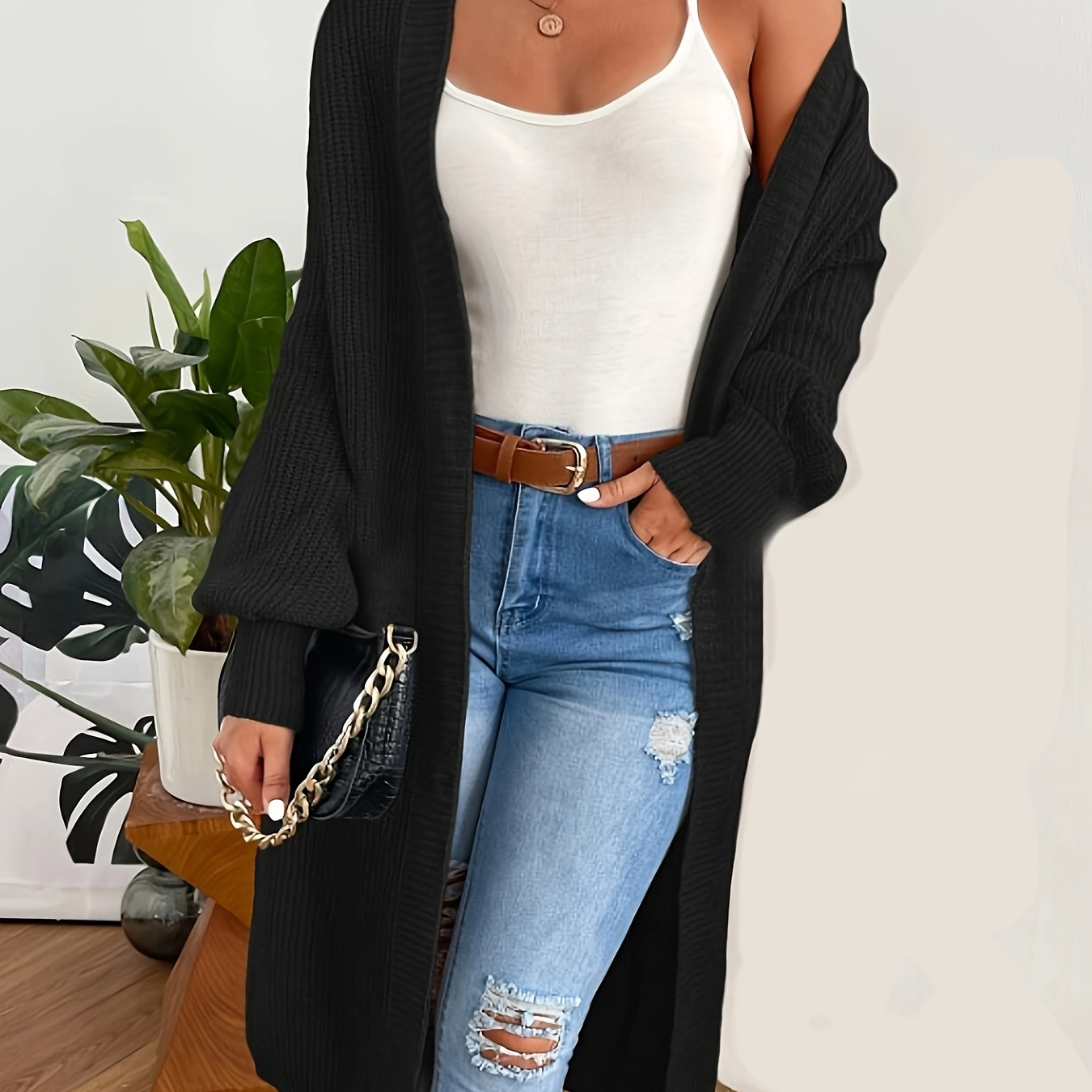 

Open Front Drop Shoulder Cardigan, Casual Solid Color Long Sleeve Knitted Duster Cardigan, Women's Clothing