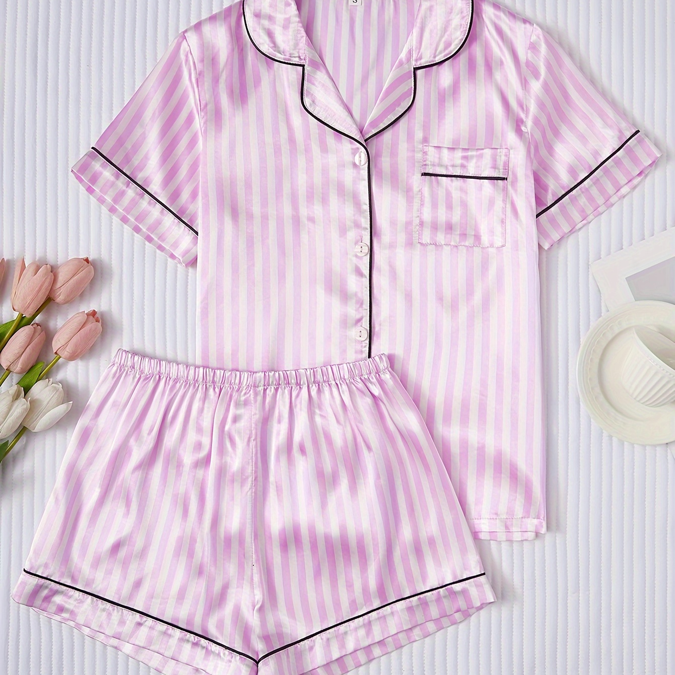 

Women's Stripe Print Satin Casual Pajama Set, Short Sleeve Buttons Lapel Top & Shorts, Comfortable Relaxed Fit