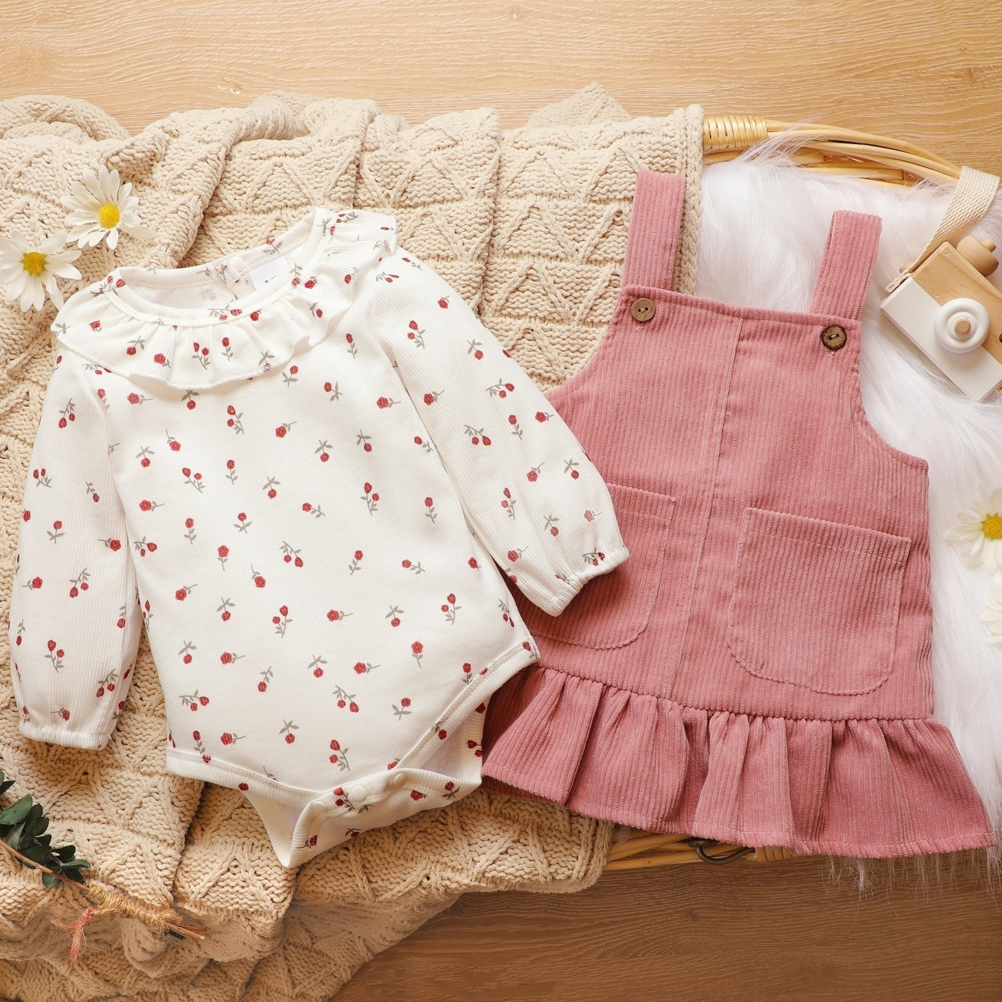 Baby Girls Cute Overalls Romper 2pcs Suit - Lovely Doll Collar Floral Bodysuit + Pocket Ruffle Hem Suspender Skirt