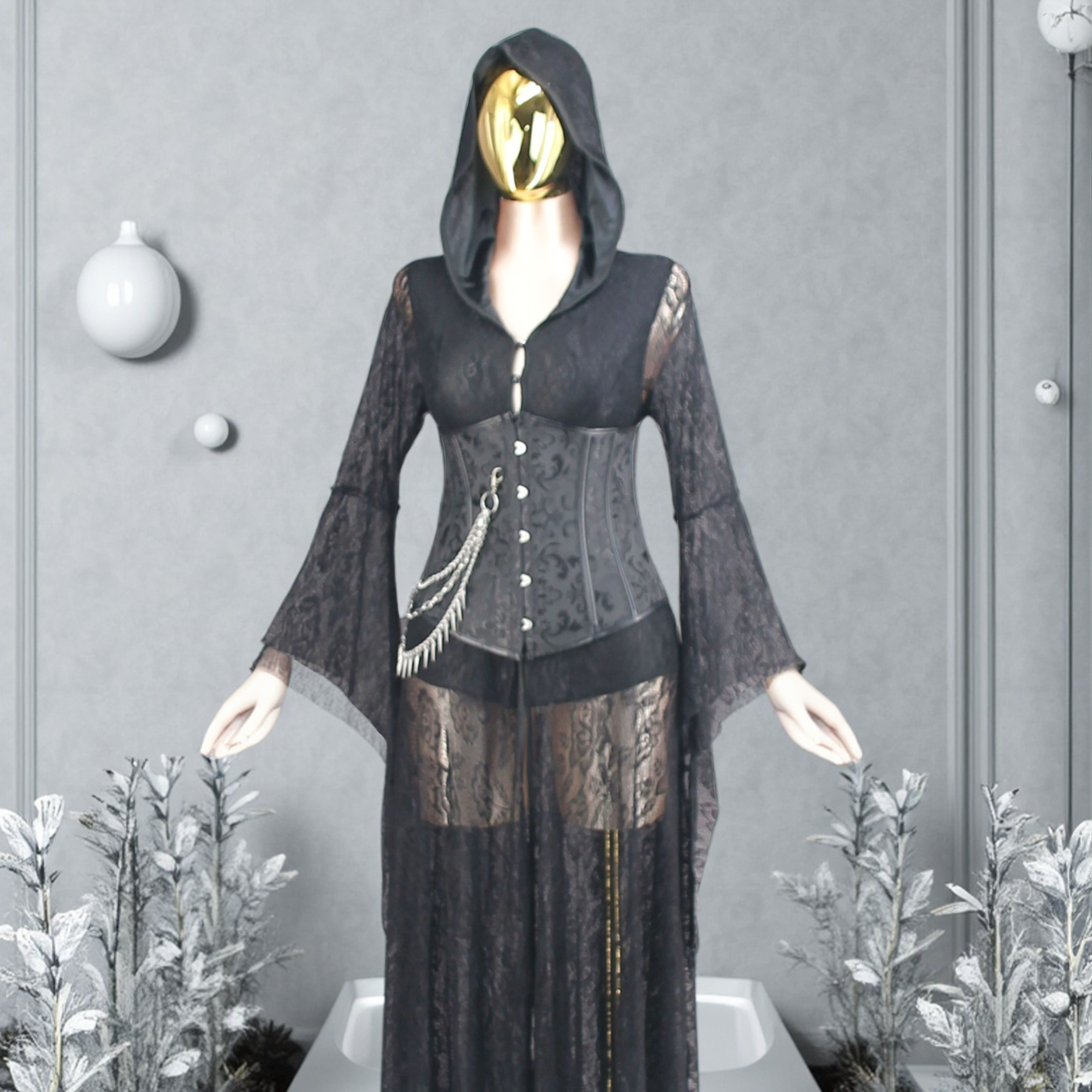 knee length dresses for ladies Black Gothic Halloween Lace Wedding Dress with Chiffon Sleeves