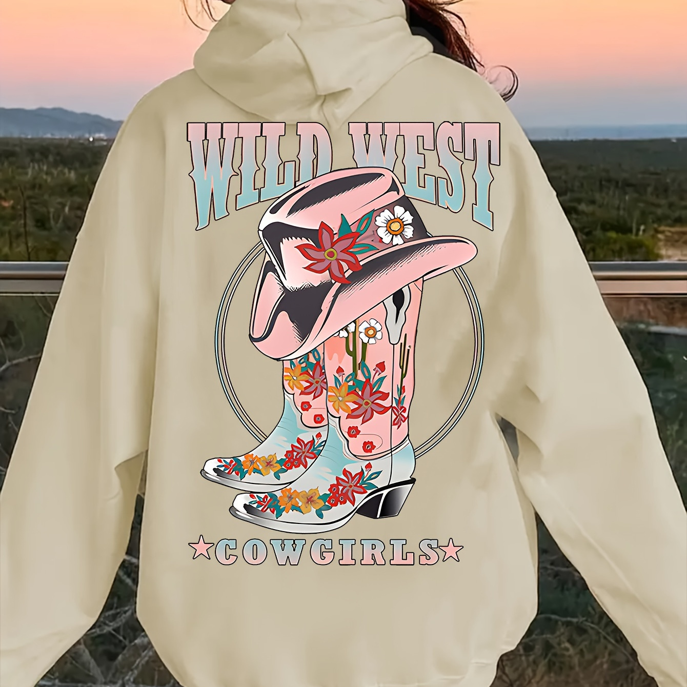 

Casual Polyester Hoodie For Girls With Cowboy Boot Print, Hooded Applique Cartoon Graphic Sweatshirt, Loose Fit Fall/winter Top With Slight Stretch, Age 12 And Under - Wild West Cowgirls Theme