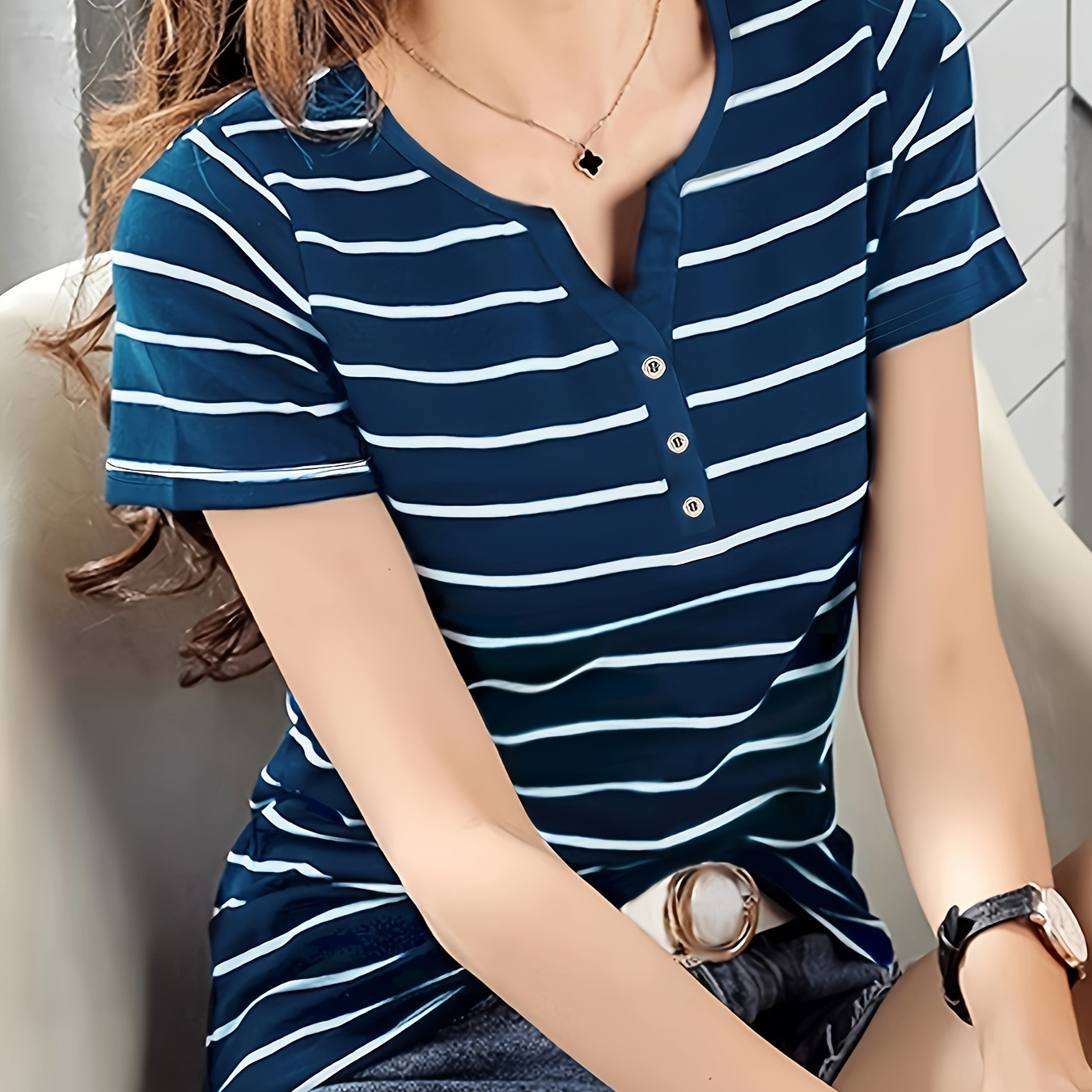 

Striped Notched Neck T-shirt, Casual Short Sleeve T-shirt For Spring & Summer, Women's Clothing