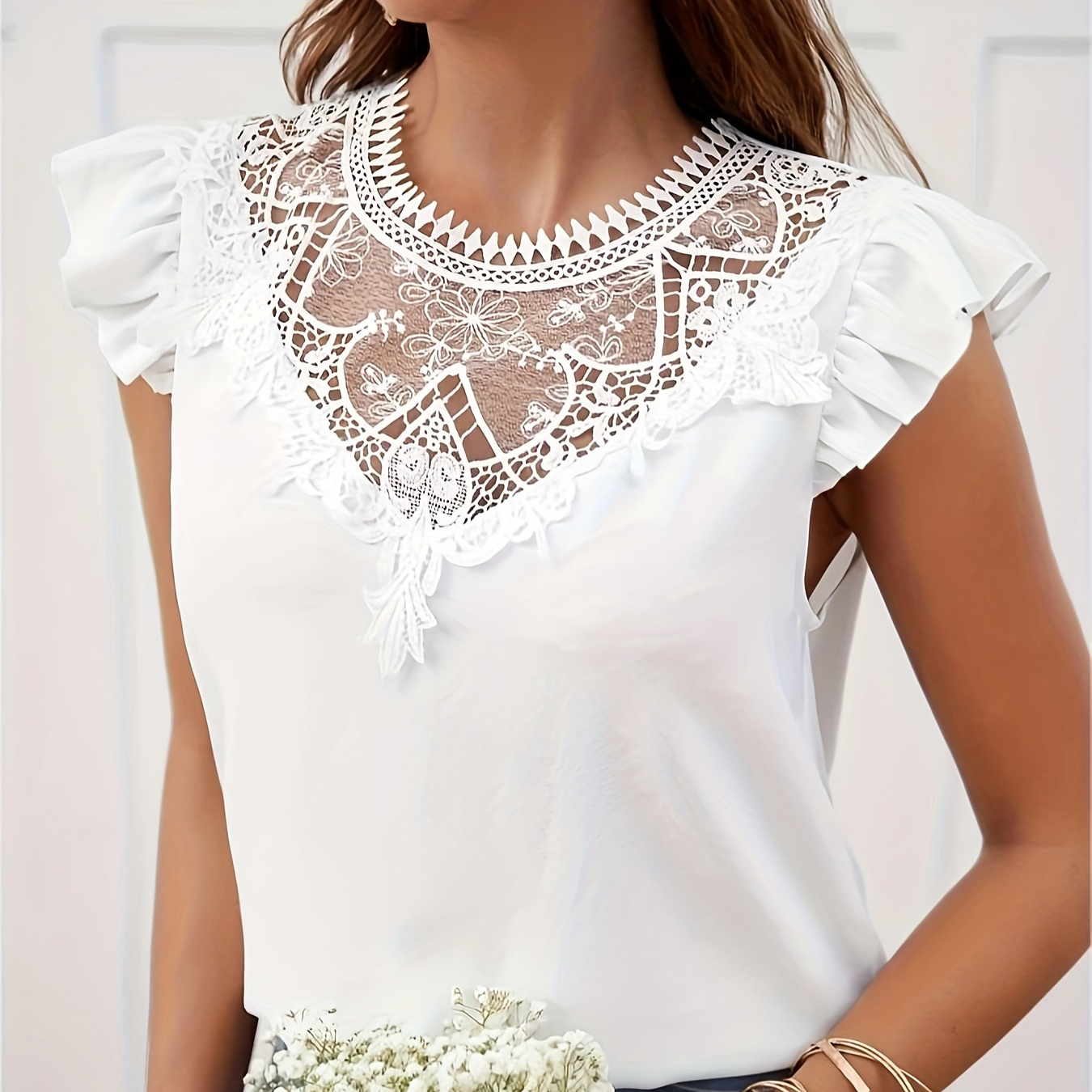

Lace Splicing Crew Neck Blouse, Elegant Ruffle Sleeve Top For Spring & Summer, Women's Clothing