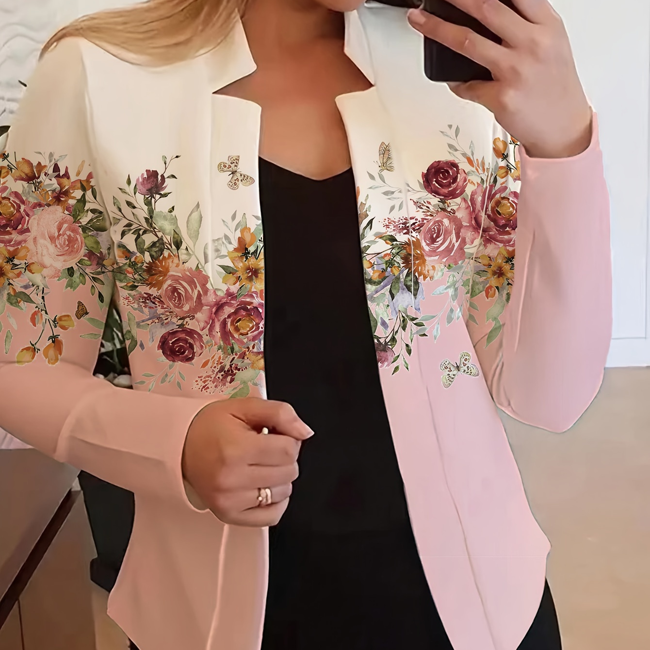 

Floral Print Open Front Blazer, Elegant Long Sleeve Blazer For Work & Office, Women's Clothing