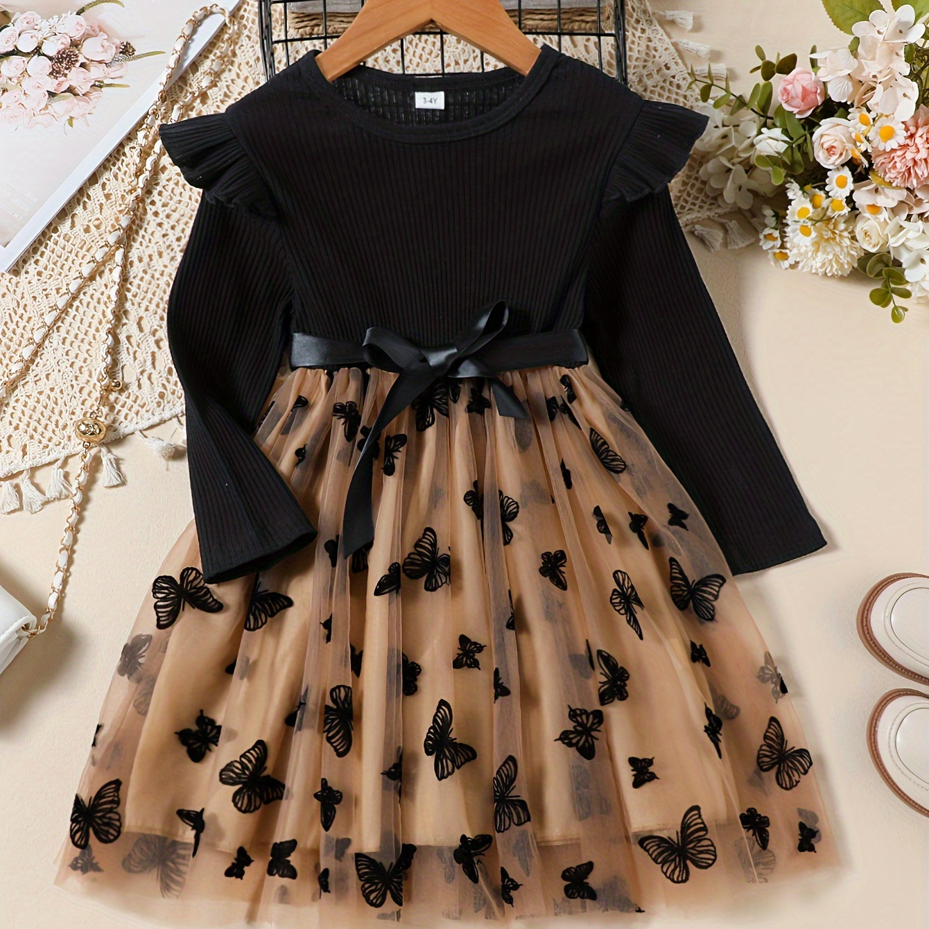 

Girls Fashion Elegant Butterfly Mesh Stitching Long Sleeve Dress, Sweet & Casual Dresses Ideal For Holiday Spring Fall Outings