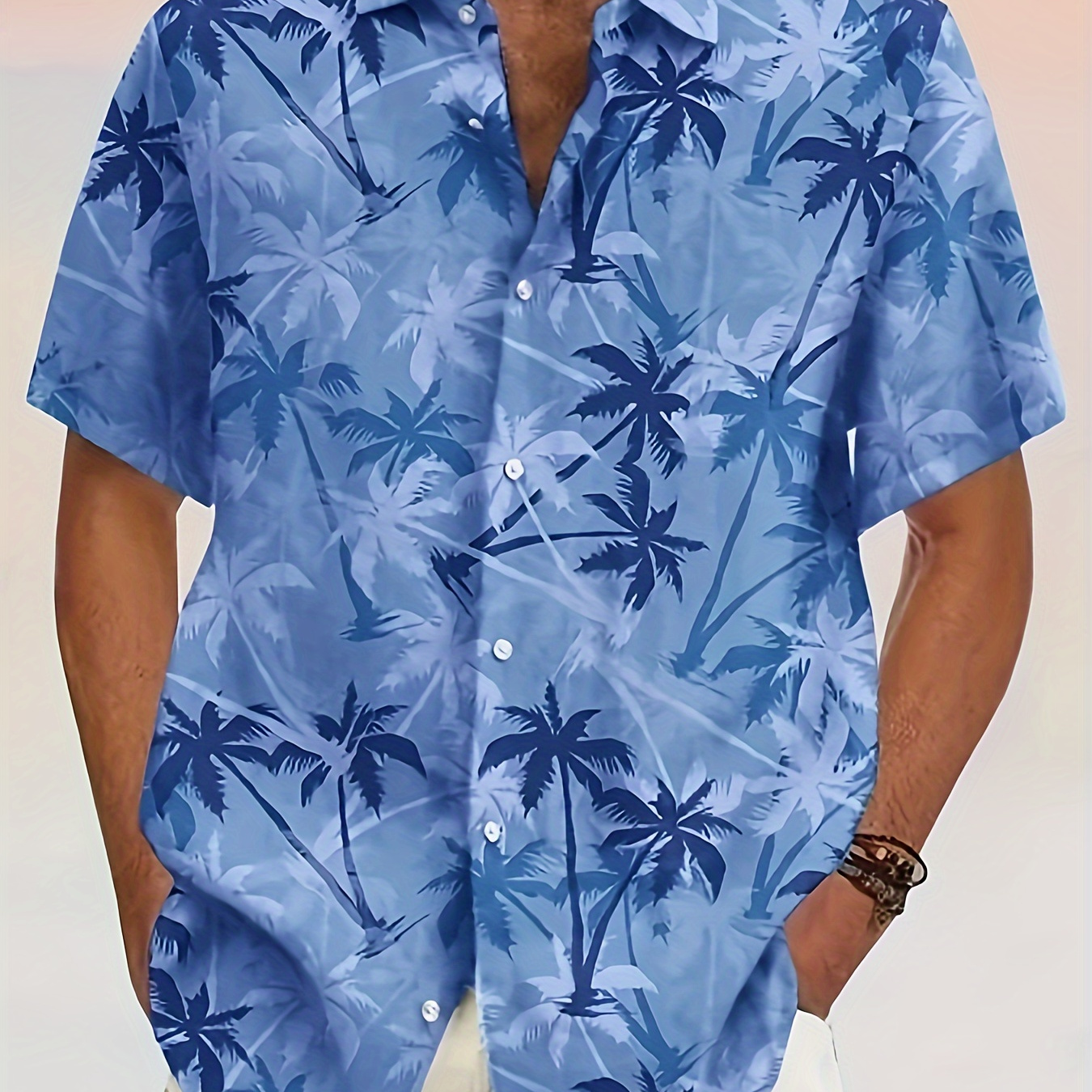 

Men's Coconut Trees Print Shirt, Casual Breathable Lapel Button Up Short Sleeve Shirt For Summer Outdoor Activities