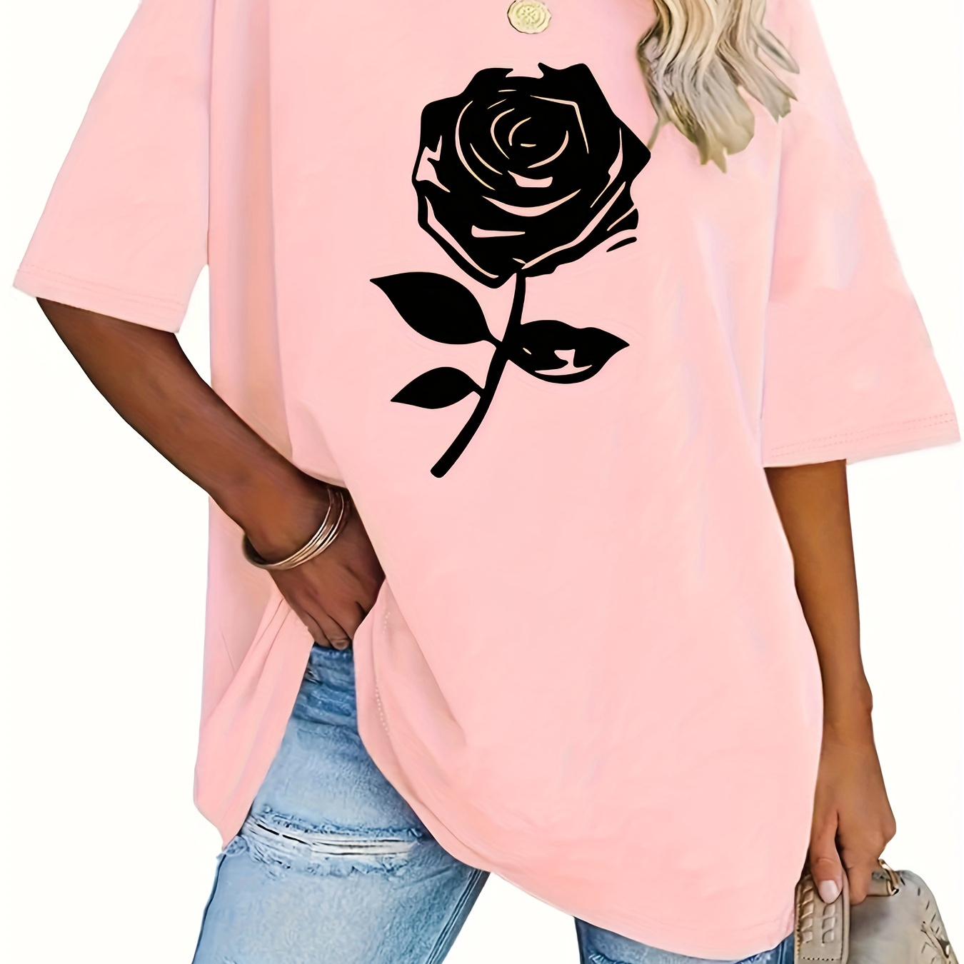 

Plus Size Rose Print T-shirt, Casual Short Sleeve Top For Spring & Summer, Women's Plus Size Clothing