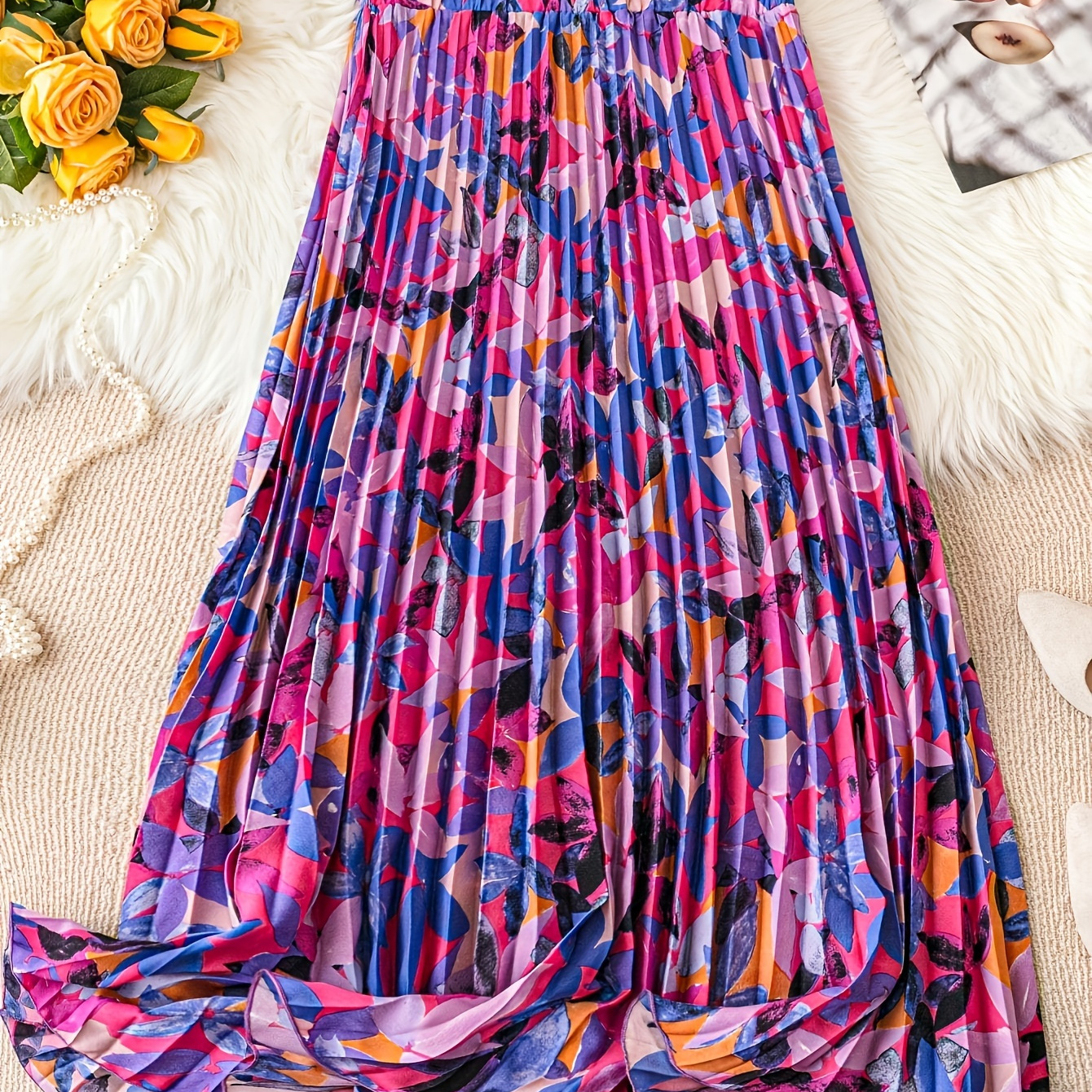 

Floral Print Elastic Waist Pleat Skirt, Elegant A-line Skirt For Spring & Summer, Women's Clothing