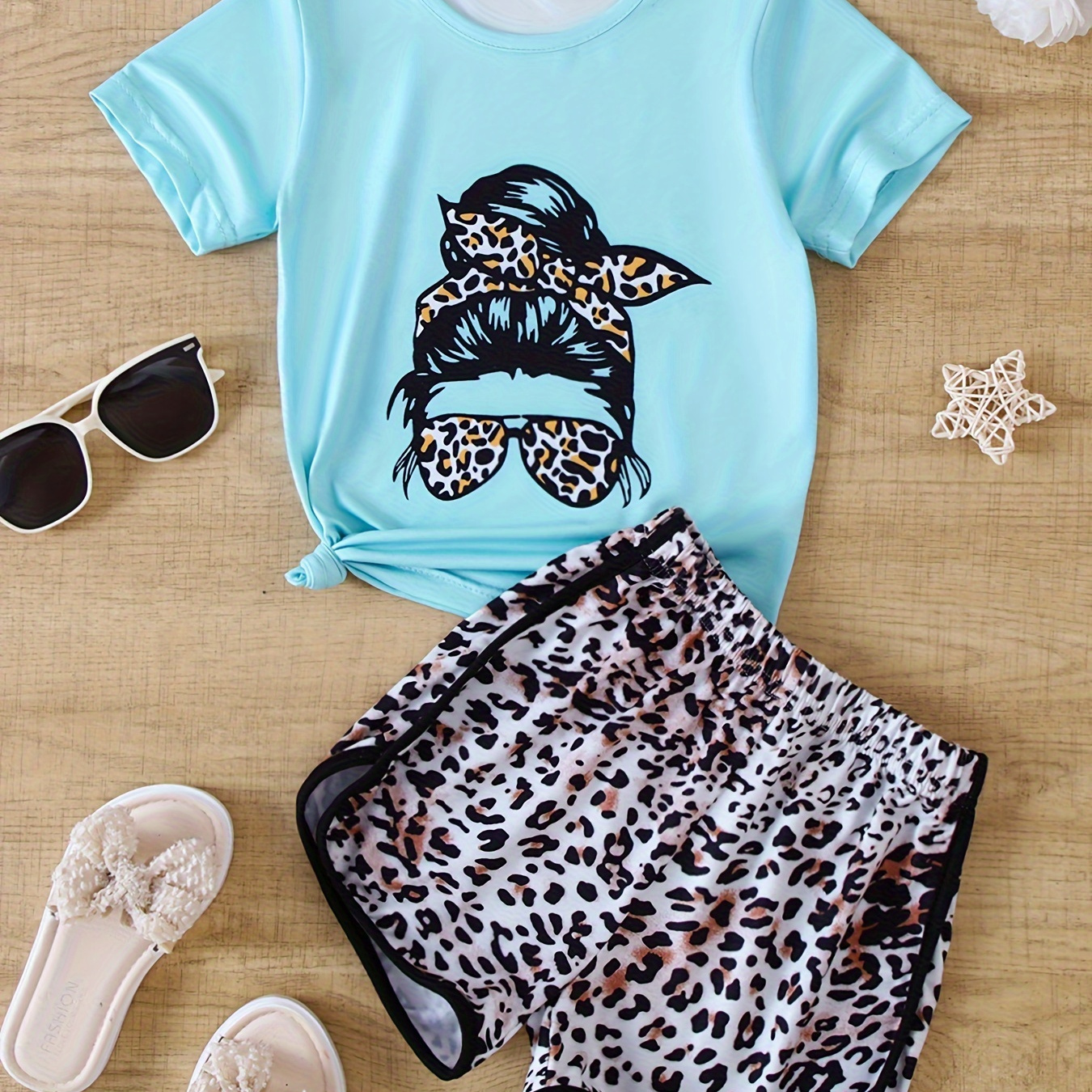 

Leopard Figure Print Two-piece Set, Short Sleeve Top + Leopard Shorts Set Sweet Fashion Clothes Girls Summer Outfit