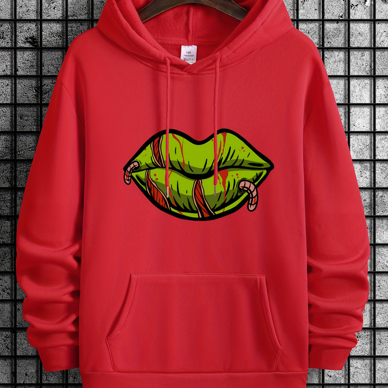 

Green Lip With Worms Print, Men's Cool Streetwear Hoodies, Casual Loose Hooded Pullover With Kangaroo Pockets, Crew Neck Sweatshirt For Men For Fall And Winter, As Gifts