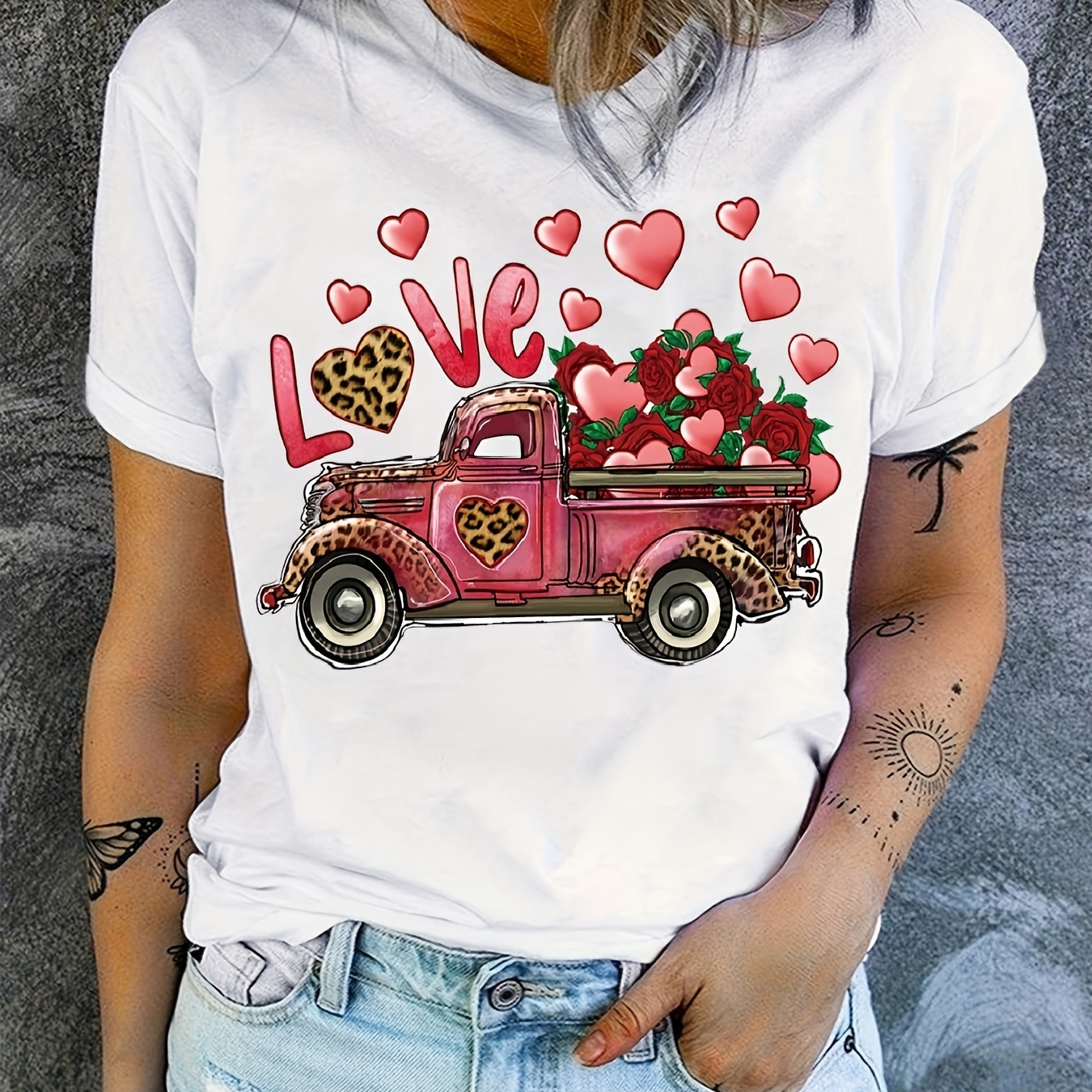 

Valentine's Day Print T-shirt, Casual Crew Neck Short Sleeve Top For Spring & Summer, Women's Clothing