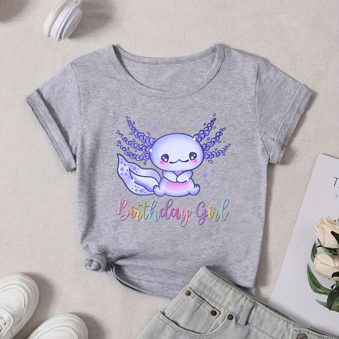 

Axolotl Birthday Girl, Trendy Cotton Short Sleeve T-shirt For Girls, Cute Round Neck Tee Top, Stylish Summer Outfits Clothes, Ideal Gifts