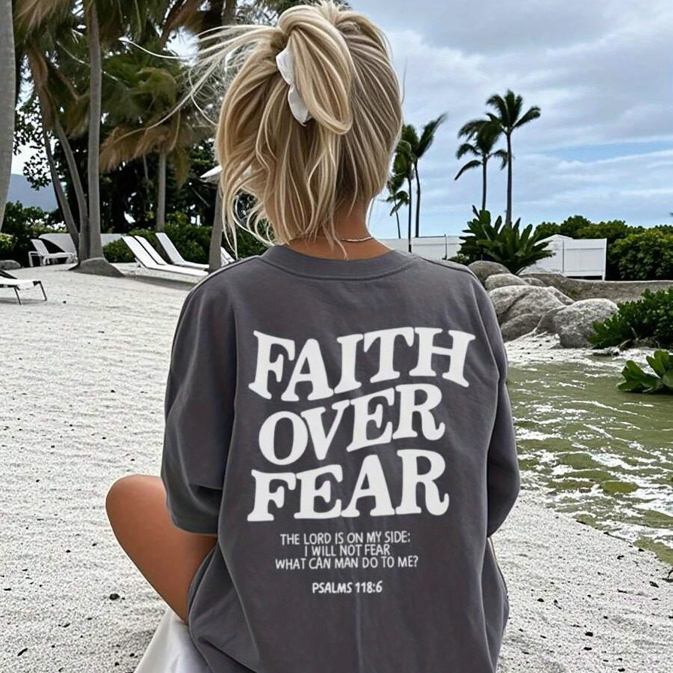Faith Over Fear & Bible Verse Psalm 56:3 Inspirational Slogan T-Shirt - Breathable Loose Fit Casual Short Sleeve Tee for Teens, Spring Summer Fall, Machine Washable, Size Recommended, Motivational Apparel, Trendy Design, Lightweight Shirt, Motivational Top, Faithbased Teens