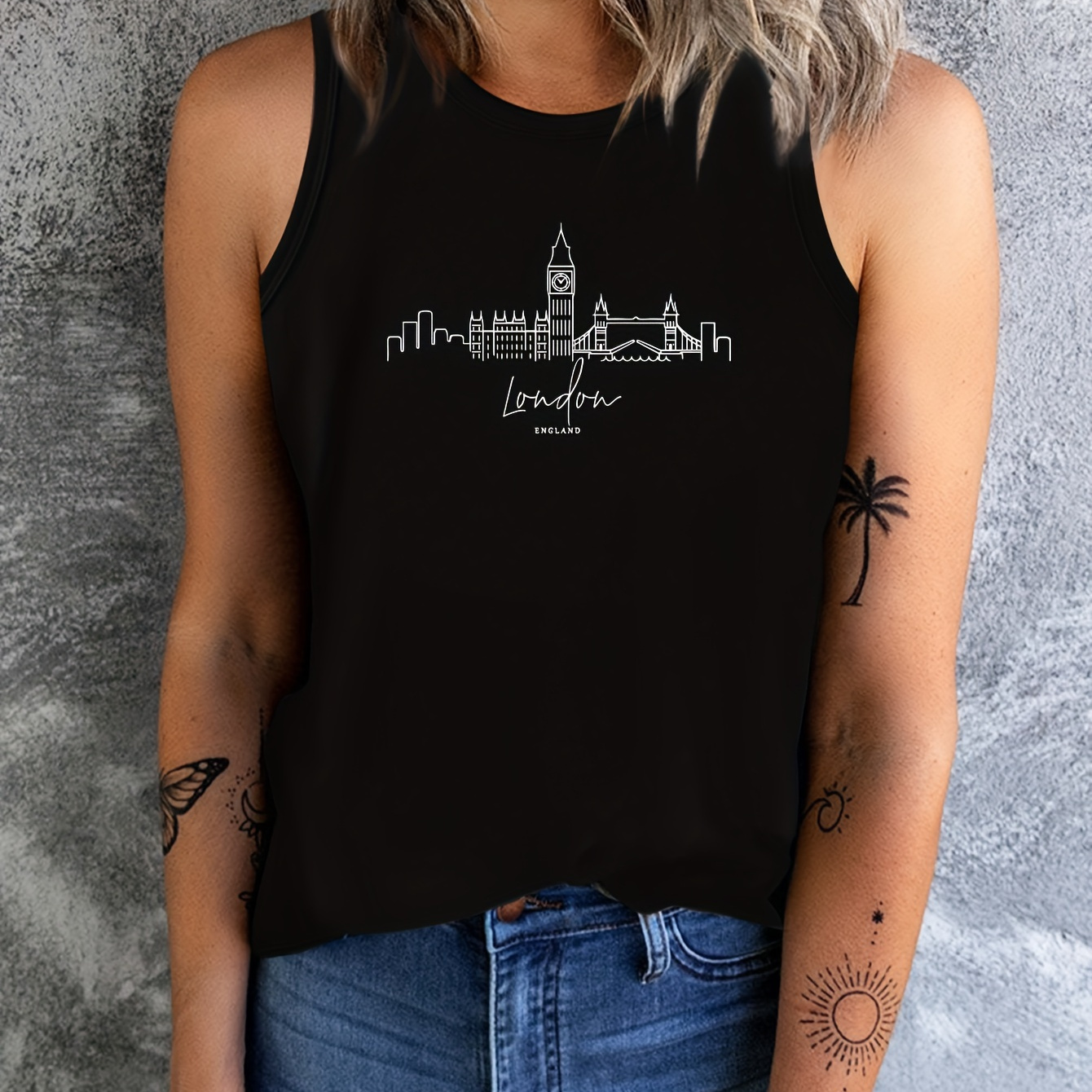 

London Building Print Tank Top, Casual Crew Neck Sleeveless Tank Top For Summer, Women's Clothing