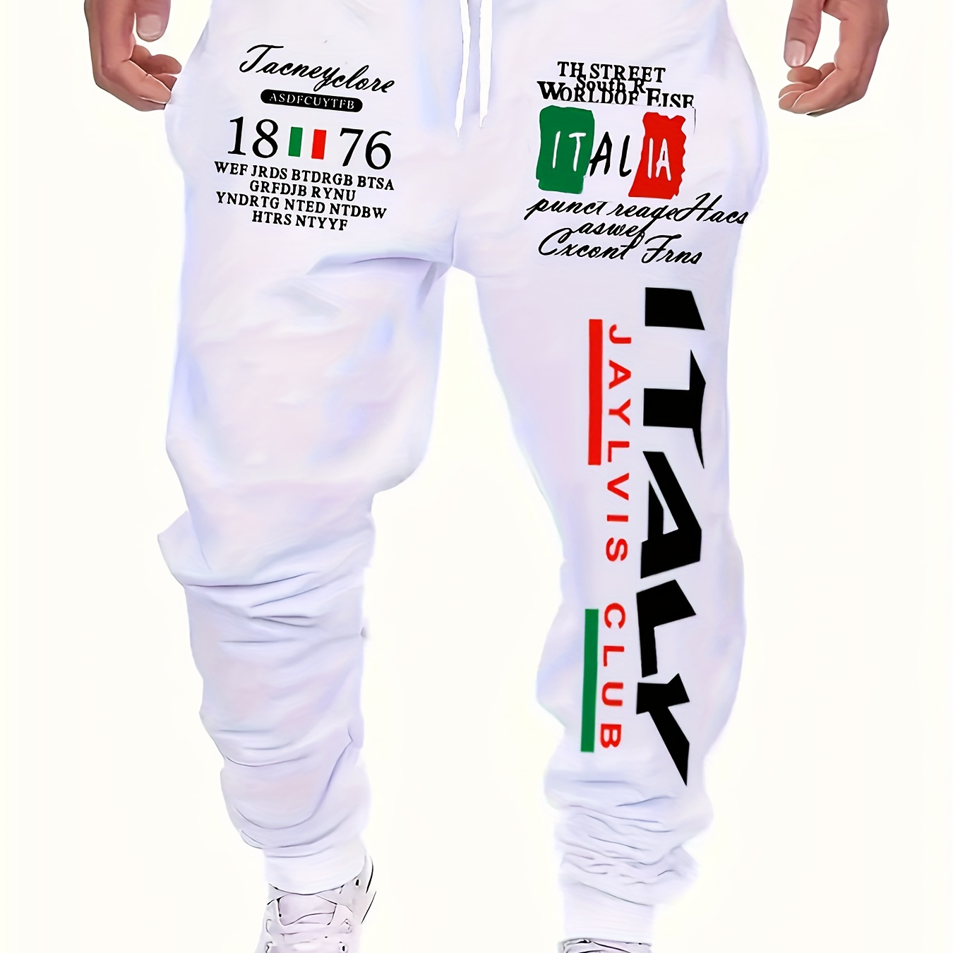 

Leisurewear) Men's Italian Sport Joggers - Casual White Sweatpants With Patriotic & Sailor Print, Polyester, Machine Washable, Wear