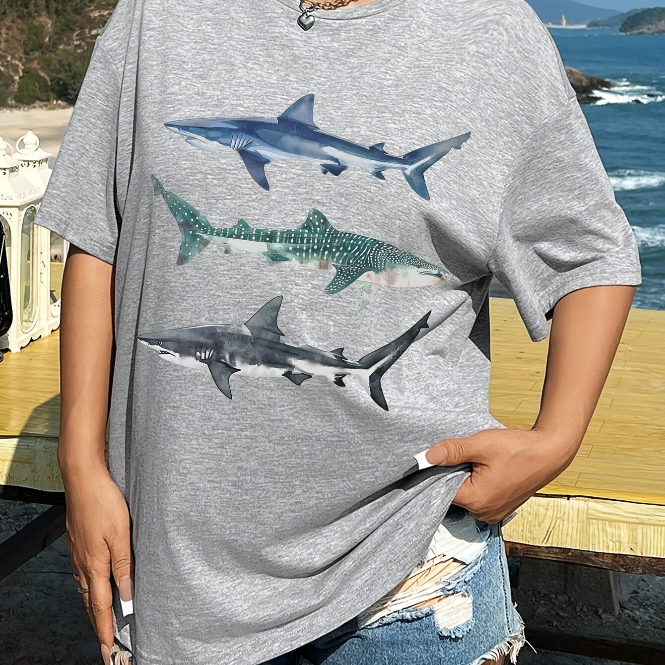 

Shark Print Drop Shoulder T-shirt, Short Sleeve Crew Neck Casual Top For Spring & Summer, Women's Clothing