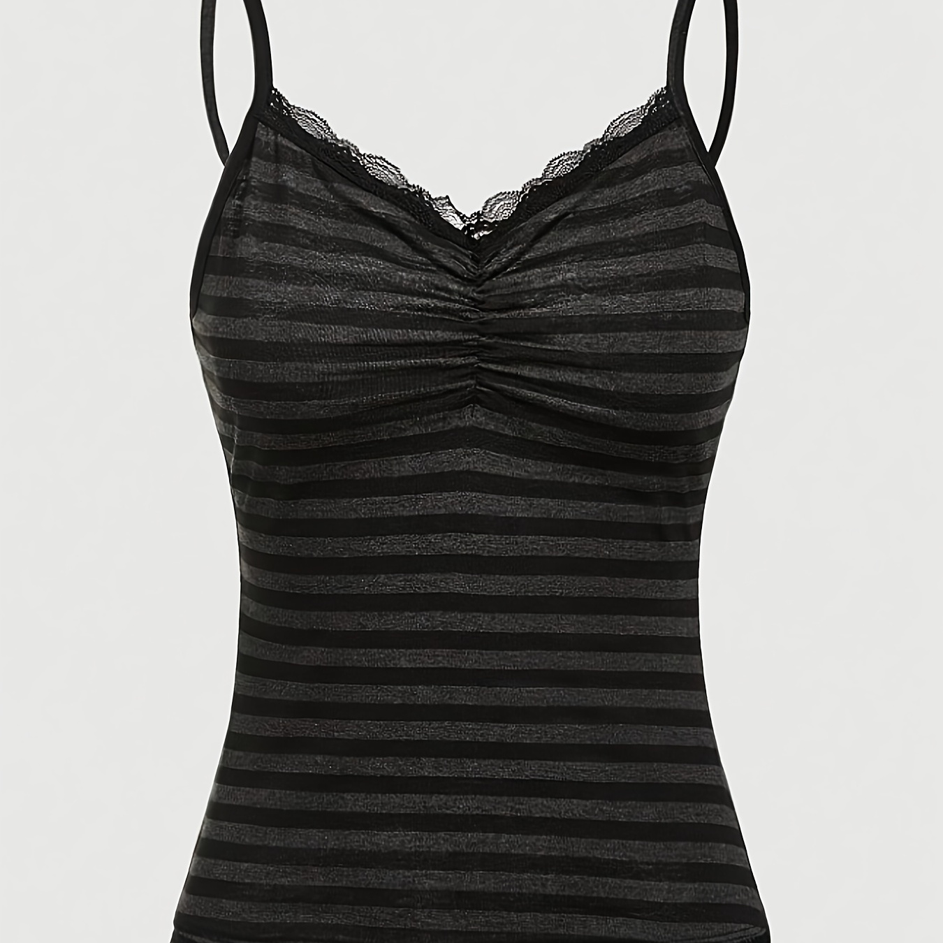 

Sexy Striped Ruffle Lace Camisole Top, V-neck, Long Length, Polyester And Elastane, Machine Washable