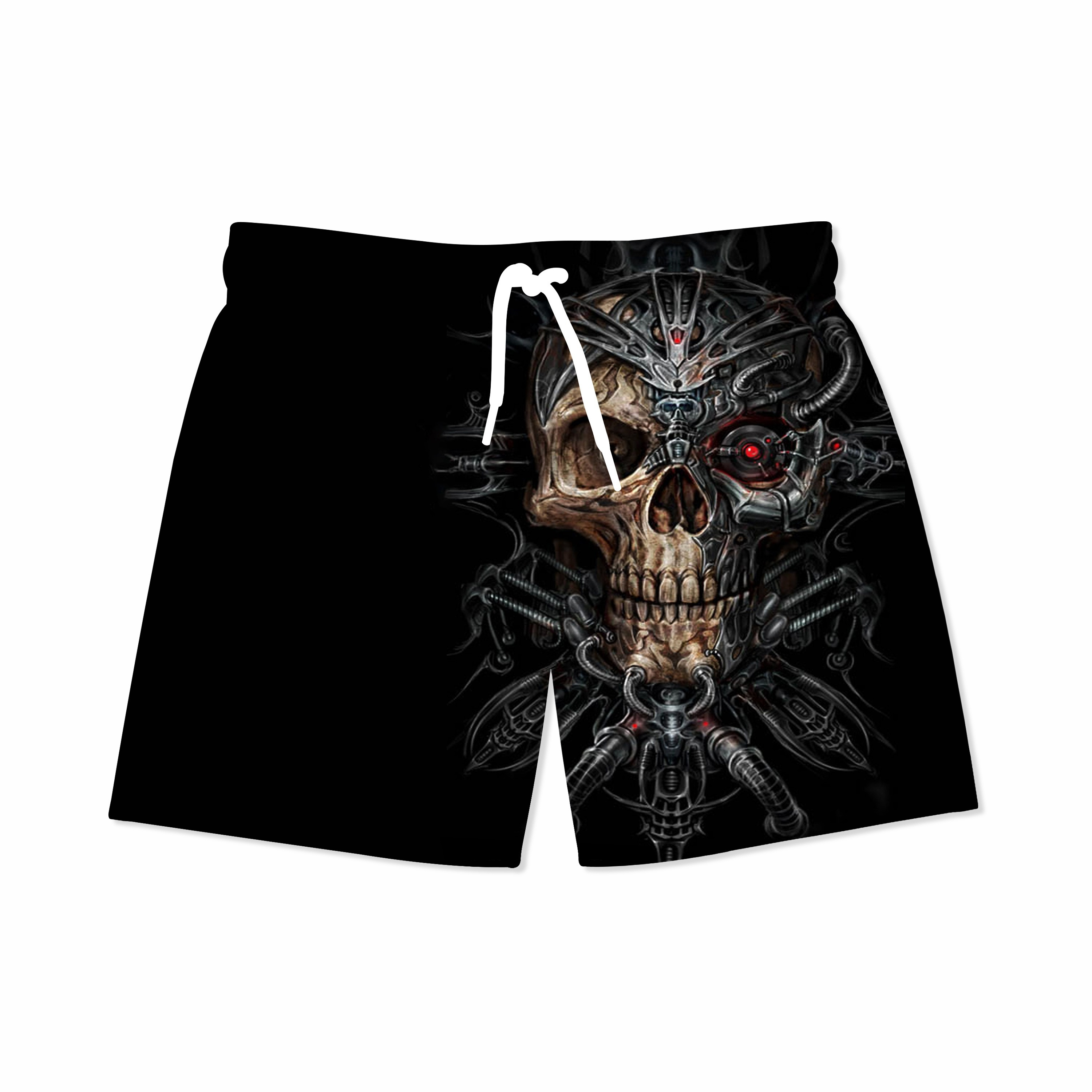 

Novel Design Men's 3d Digital Mechanic Style Skull Pattern Sports Shorts, Stylish And Cool Shorts For Summer Street And Sports Leisurewear
