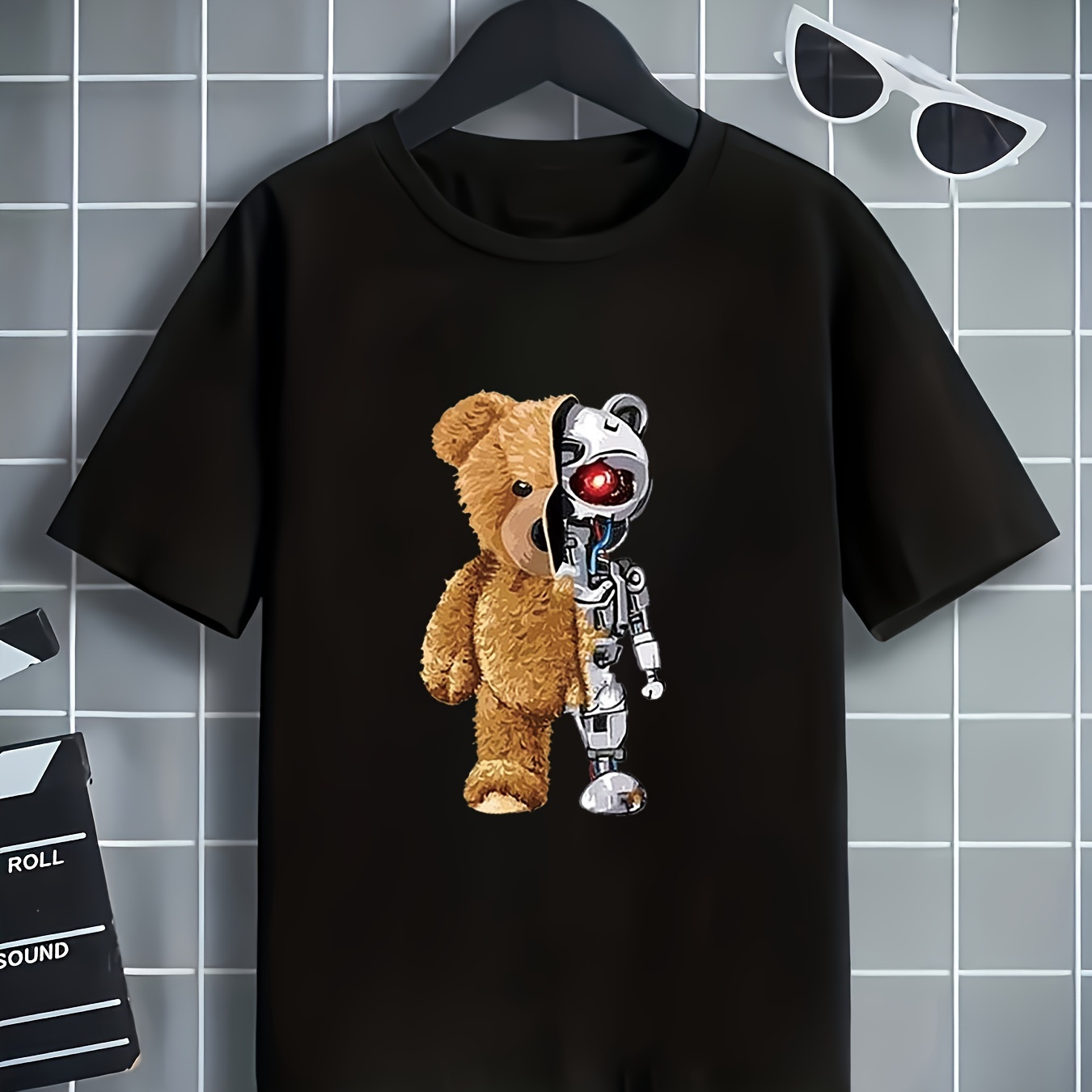 

Bear And Robot Print Boys Creative Cotton T-shirt, Casual Lightweight Comfy Short Sleeve Crew Neck Tee Tops, Kids Clothings For Summer