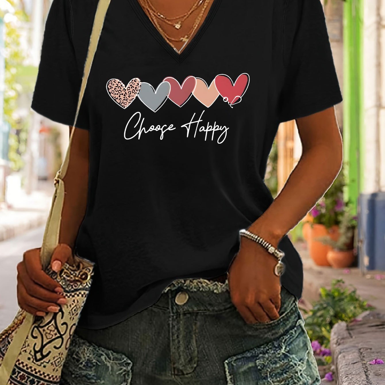 

Heart Graphic Print T-shirt, Short Sleeve V Neck Casual Top For Summer & Spring, Women's Clothing