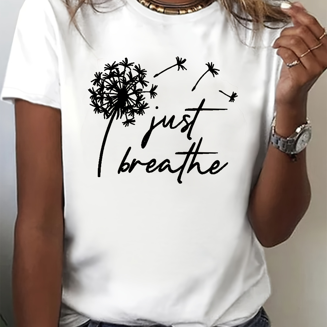 

Dandelion & Slogan Print Crew Neck T-shirt, Casual Short Sleeve Top For Spring & Fall, Women's Clothing