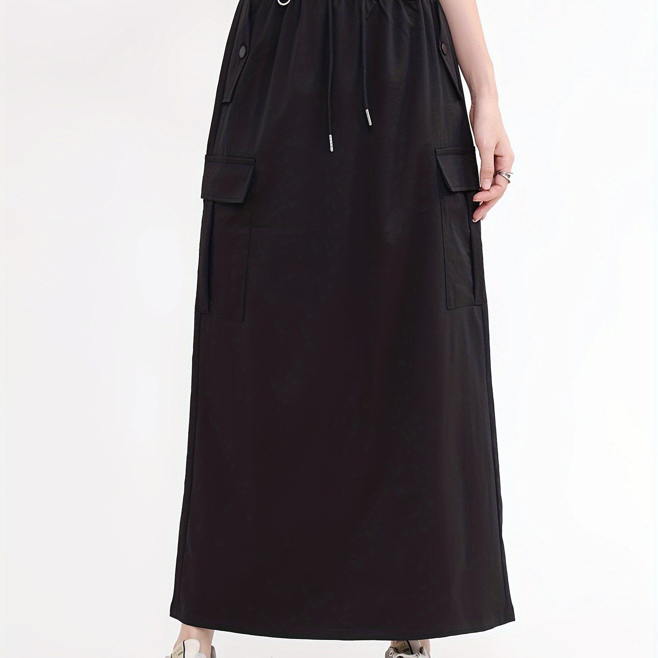 

Drawstring Waist Ankle Length Skirt, Casual Solid Color A-line Skirt For Spring & Summer, Women's Clothing