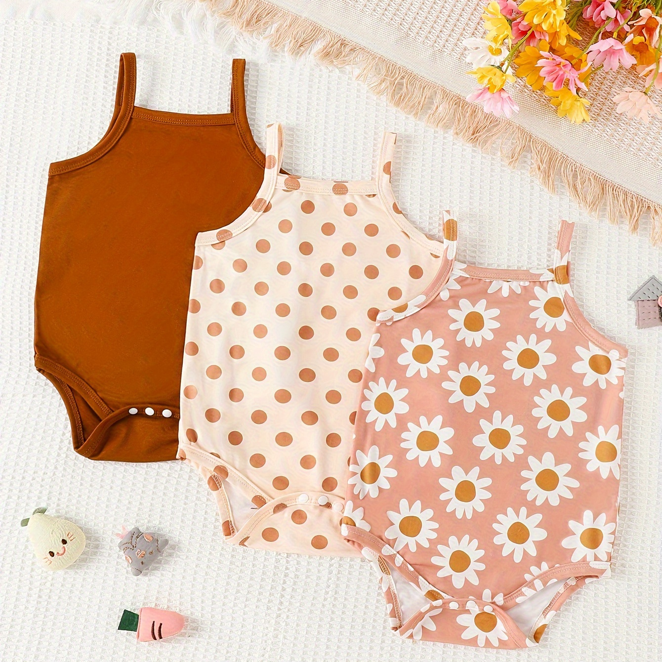 

3pc Sinfant's Solid Color/polka Dots/flower All-over Print Bodysuit, Casual Cami Onesie, Baby Girl's Clothing