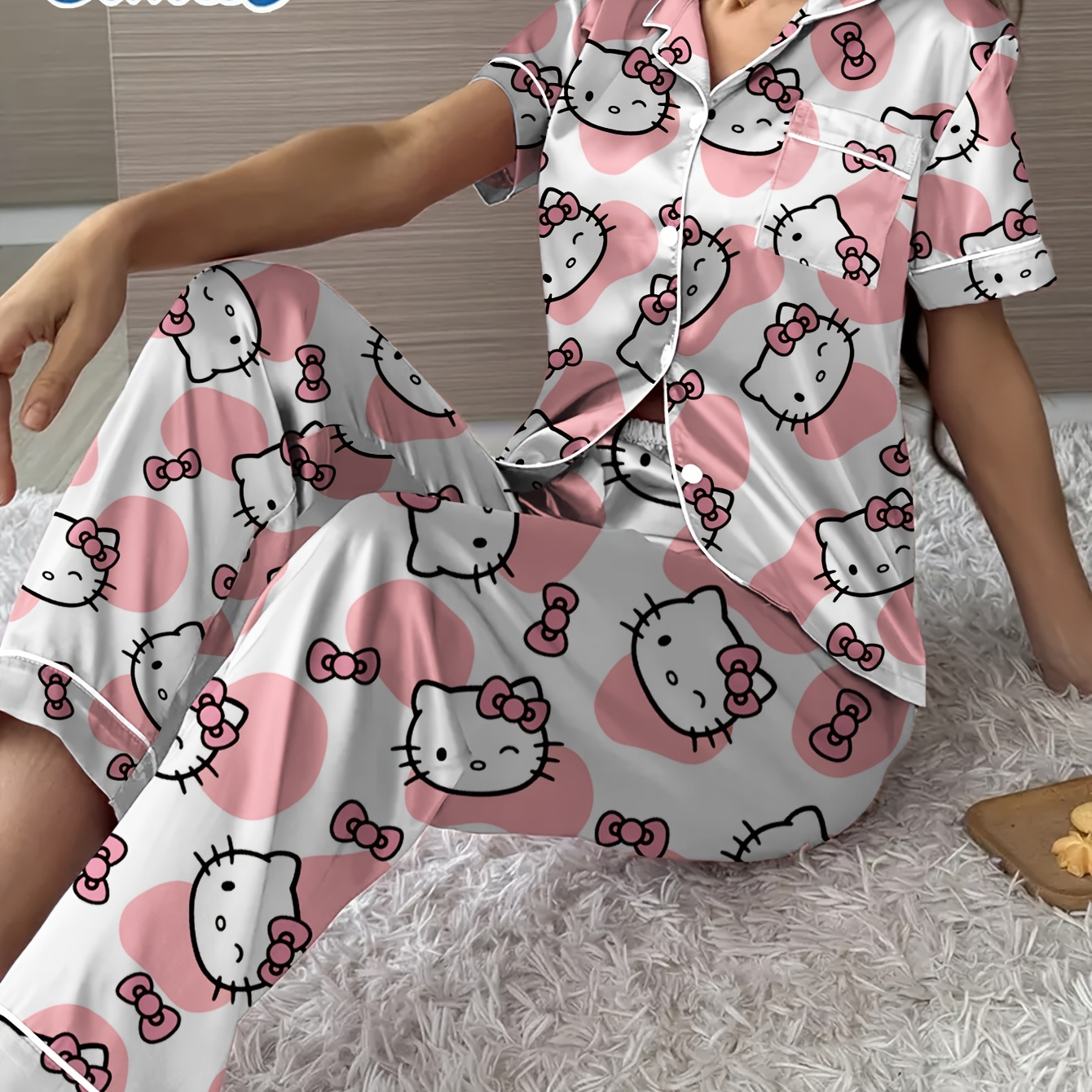 

Hello Kitty Sanrio Pajama Set With Long Pants, Short Sleeves, Open Front And Buttons, Satin Pajama