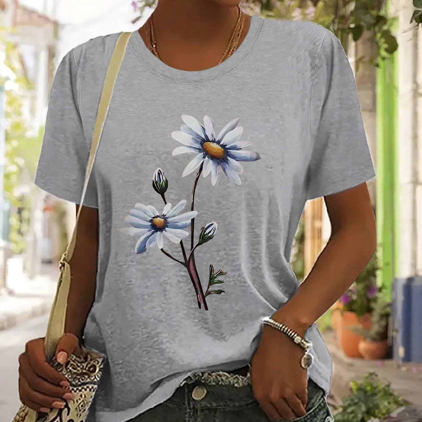

Floral Print T-shirt, Short Sleeve Crew Neck Casual Top For Summer & Spring, Women's Clothing