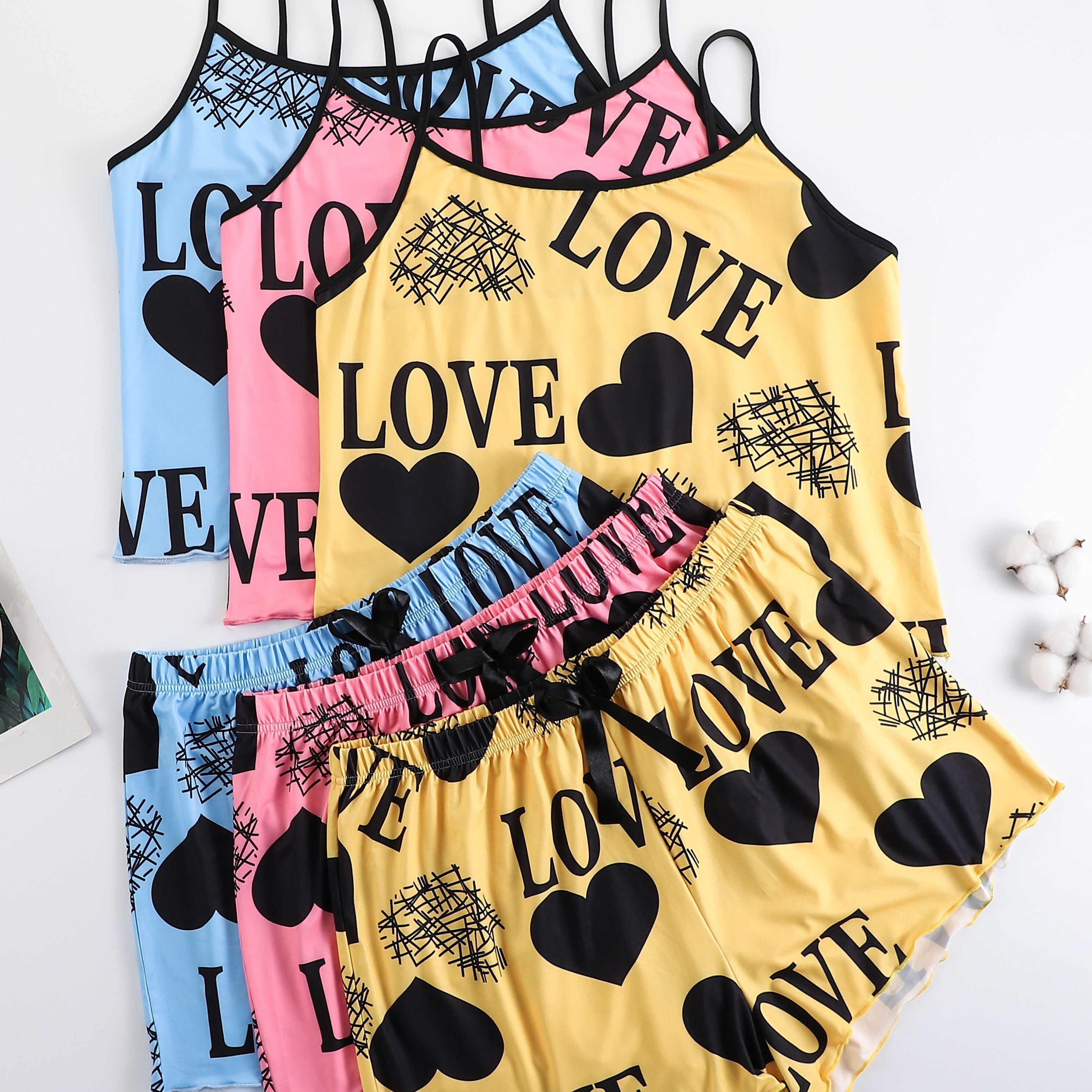 

3 Sets Women's Casual Pajamas Set, Plus Size Heart & Letter Print Round Neck Cami Top & Shorts Lounge 6 Piece Set