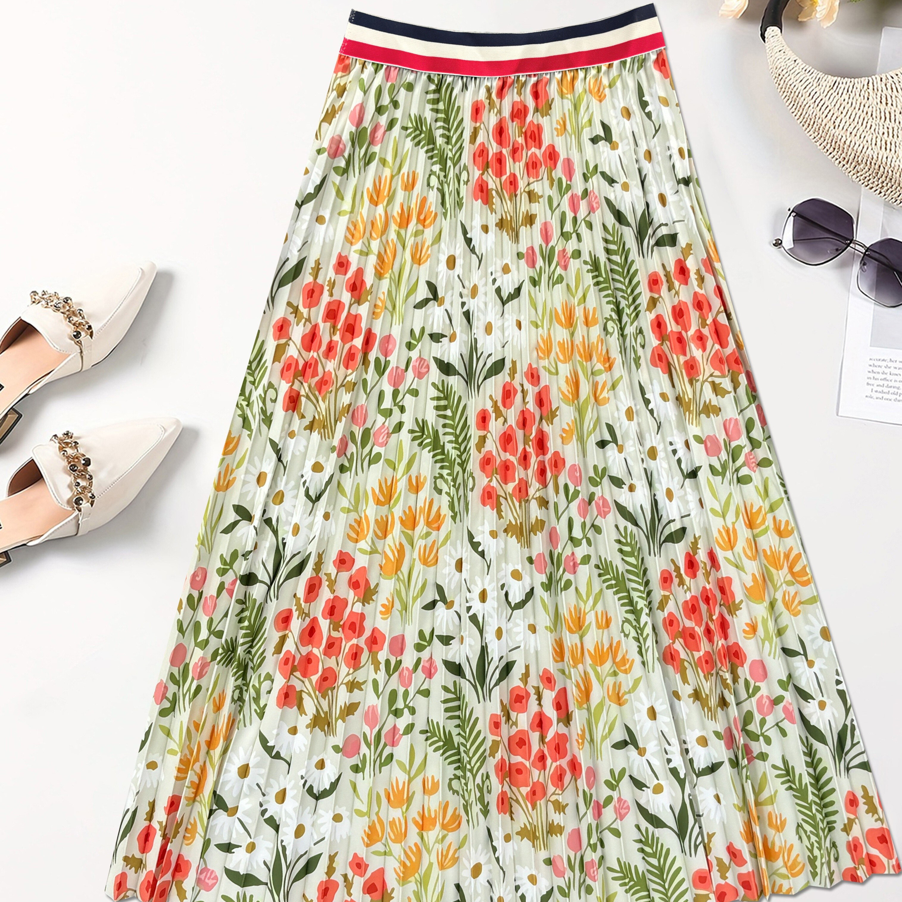 

Floral Print High Waist Pleated Skirt, Casual A-line Midi Skirt For Spring & Summer, Women's Clothing