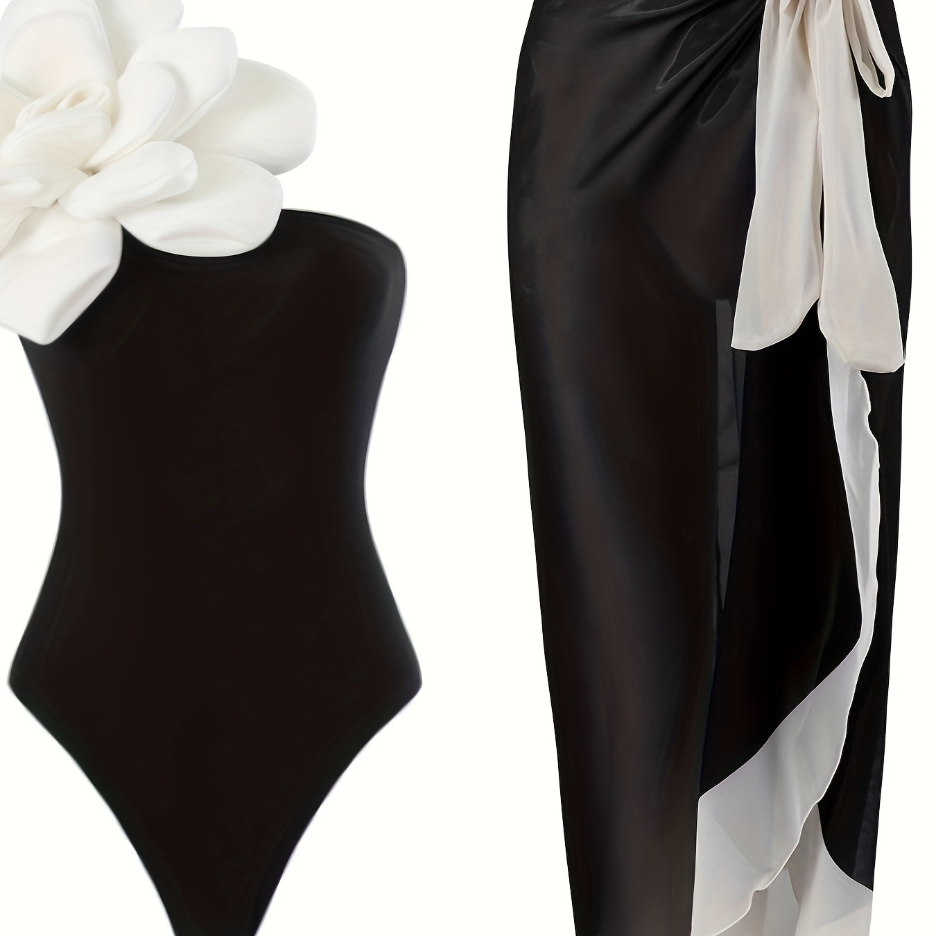 

Women's Elegant One-piece Swimsuit, Solid Black Floral Accent, Asymmetrical Shoulder Design Swimwear