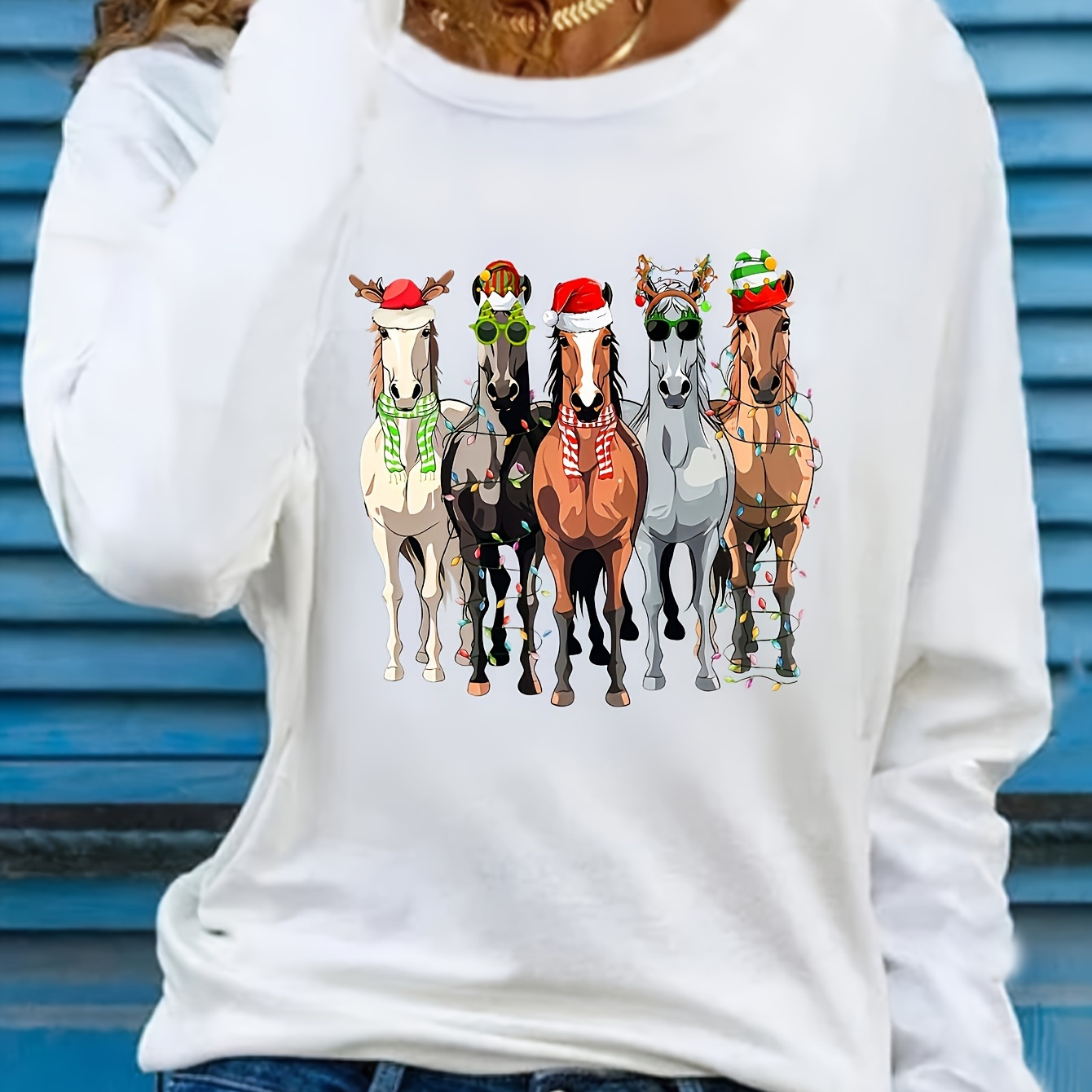 

's Christmas Horses Long T-, , Knit, Regular Fit, Regular Length, Length, No , Top