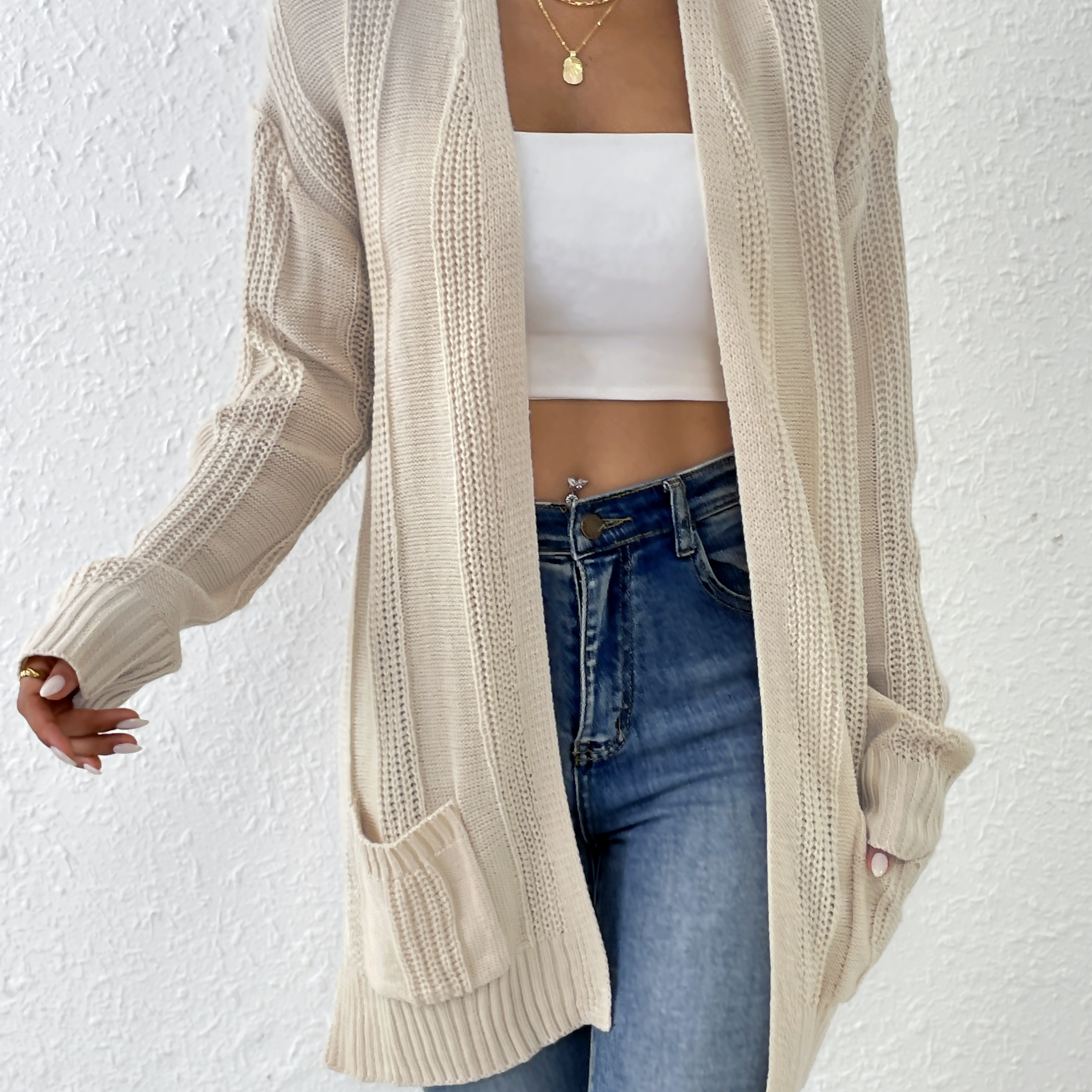 

Solid Color Open Front Cardigans, Casual Side Pockets Loose Long Sleeve Knitted Cardigans Top For Spring & Fall, Women's Clothing