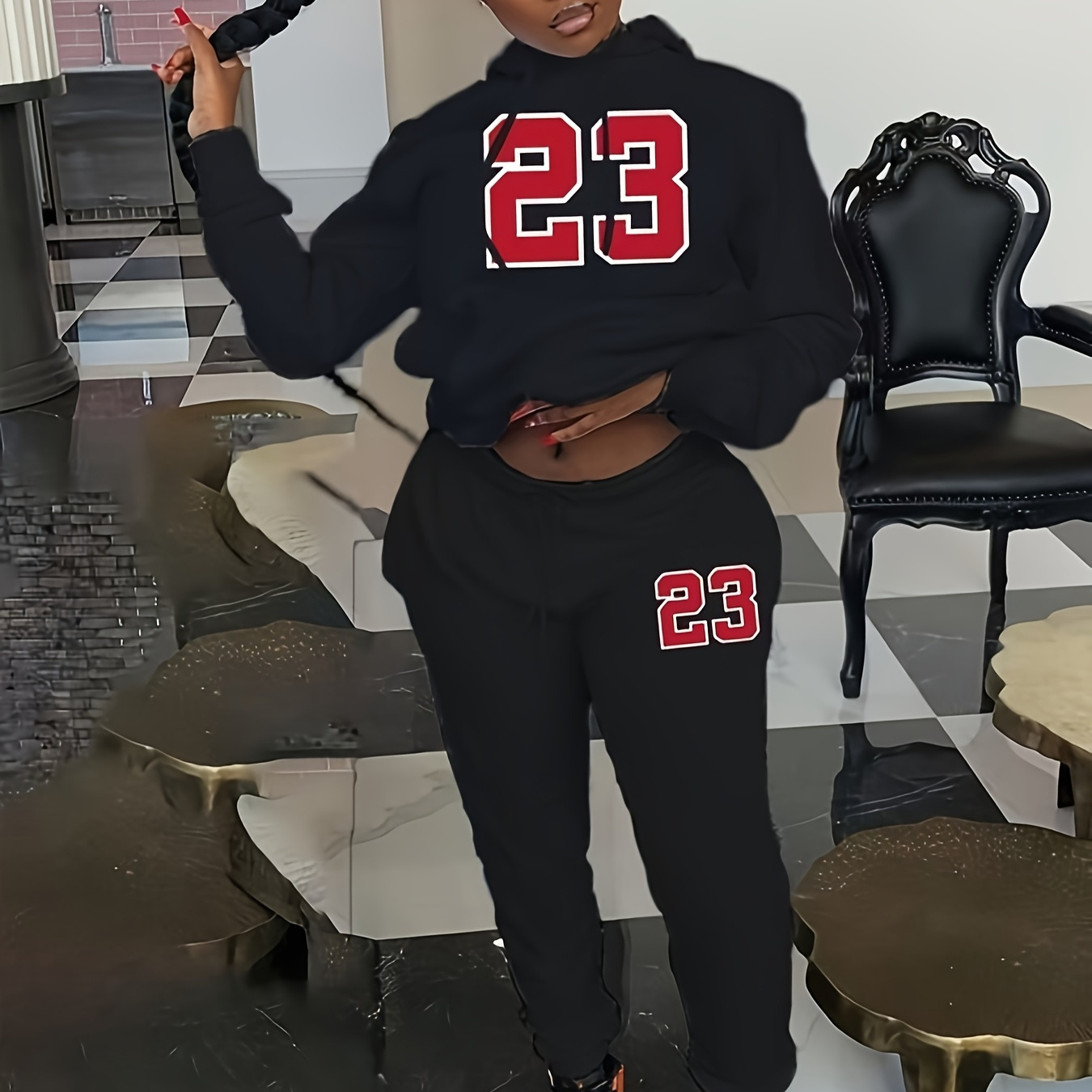 

Women' 23 Print Hoodie & Jogger Set - Sporty Two-piece Outfit With Red Number Detail, Long Sleeve Drawstring Hoodie And Pants For Casual Wear & Workouts