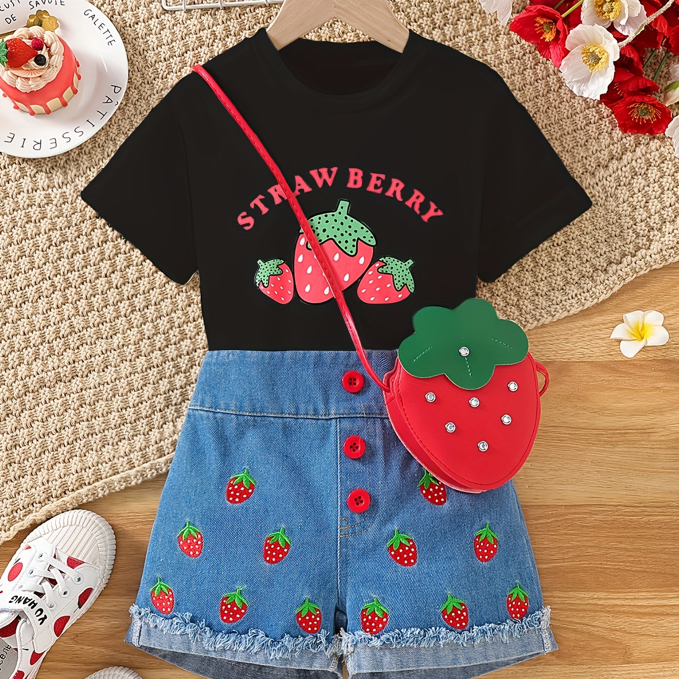 

Girls' Strawberry Printed Denim Shorts+same Style Printed Top+three Piece Bag Set