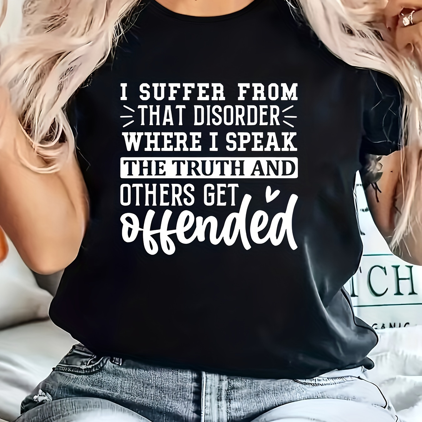

Women's Plus Size Casual Sporty T-shirt, "i Suffer From That Disorder Where I Speak The Truth And Others Get Offended" Print, Comfort Fit Short Sleeve Tee, Fashion Breathable Casual Top