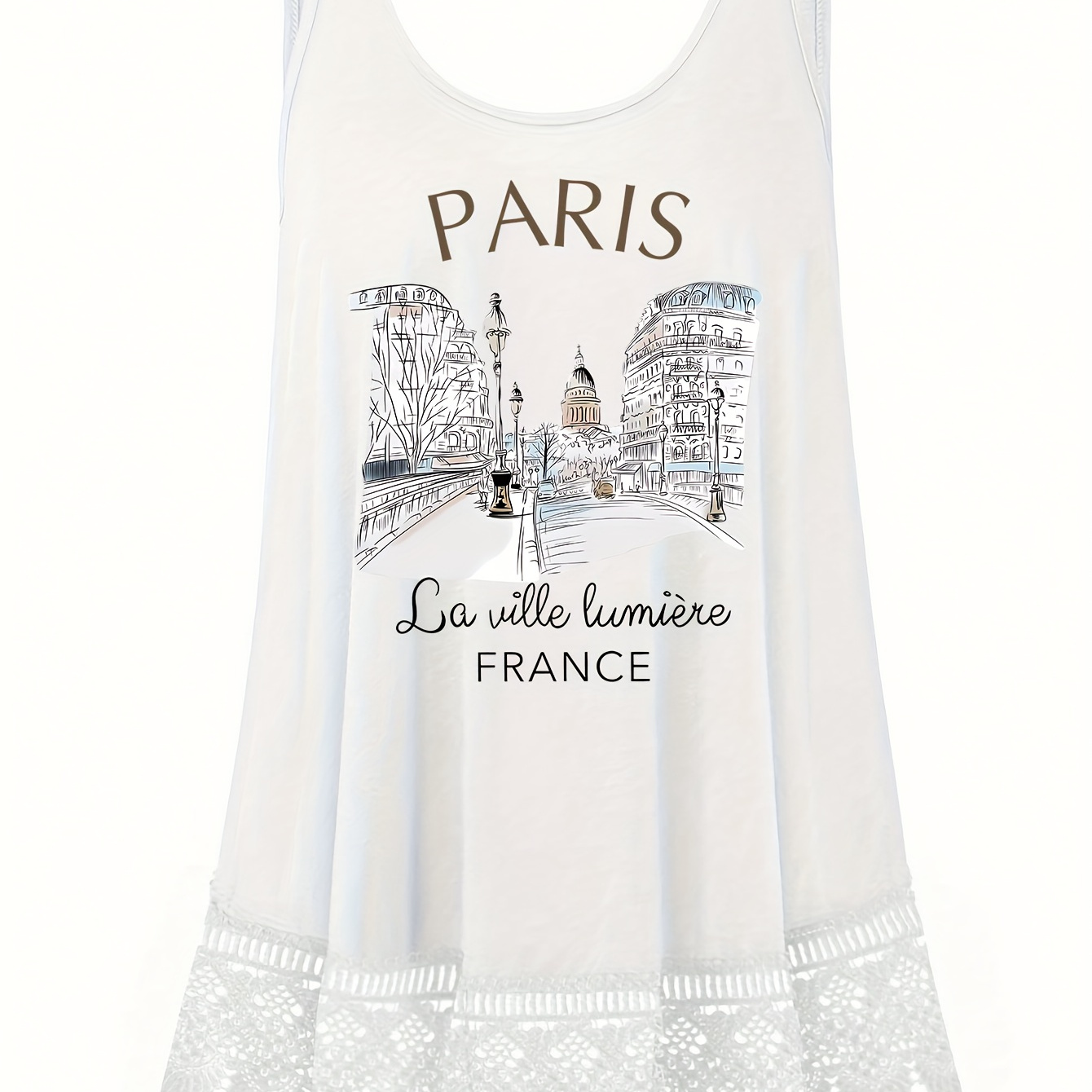 

Size Lace-trim Top With Paris Print - Casual, Breathable Polyester, Machine Washable - Spring/summer