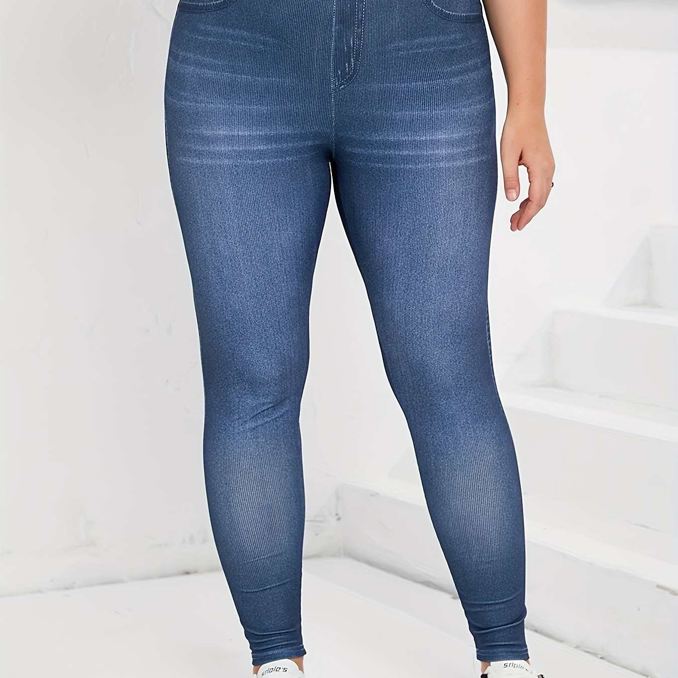 Plus Size Sexy Pants, Women's Plus Denim Print Elastic High Rise High Stretch Skinny Trousers